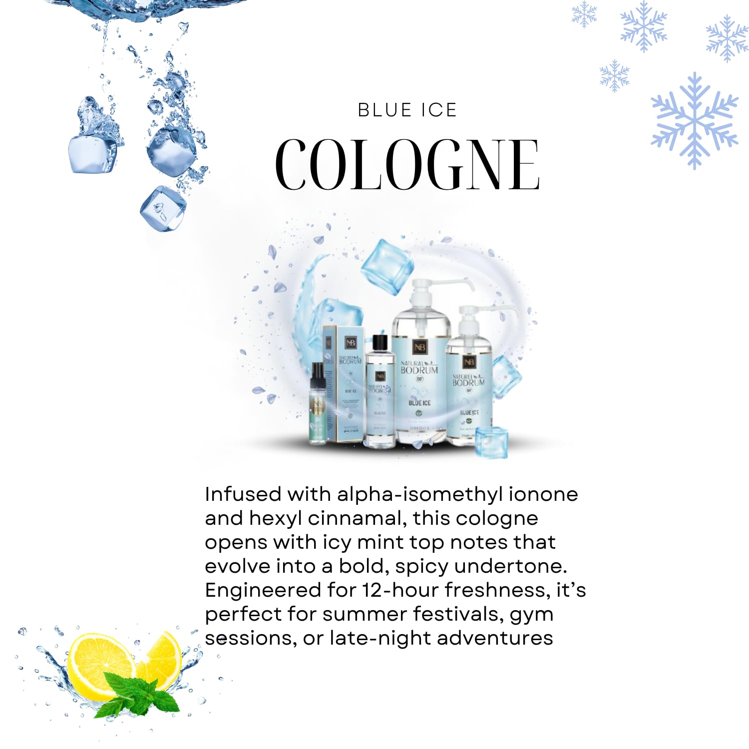 Blue Ice Summer Cologne for Men Set of (60ml, 400ml, 500ml, 1L) - Vegan, Natural, Refreshing Scent, Cool Arctic Icy Fresh Scent, Long Lasting Summer Eau De Cologne
