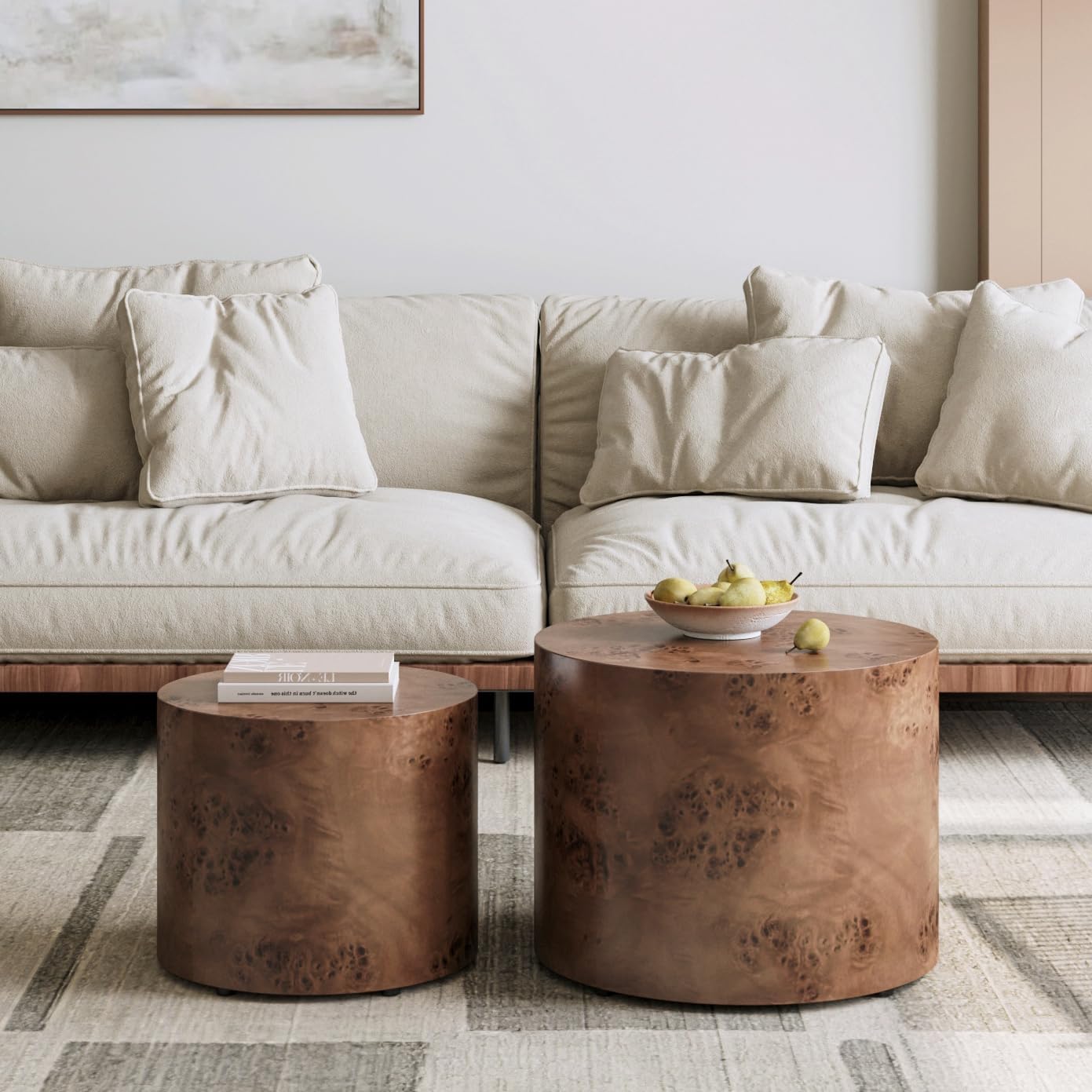 Round Nesting Coffee Table Set of 2 for Living Room Burl Wood Coffee Table Side Tables End Tables Set Modern Circle Center Tables, No Need Assembly (Burl Wood-Walnut)