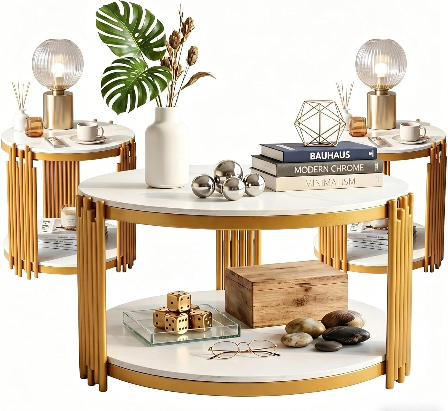 Round Marble Coffee Table Set of 3, Modern White Faux Marble Coffee and End Tables Set with Gold Metal Frame, 3 Piece Living Room Table Set with 1 Coffee Table & 2 Side Table