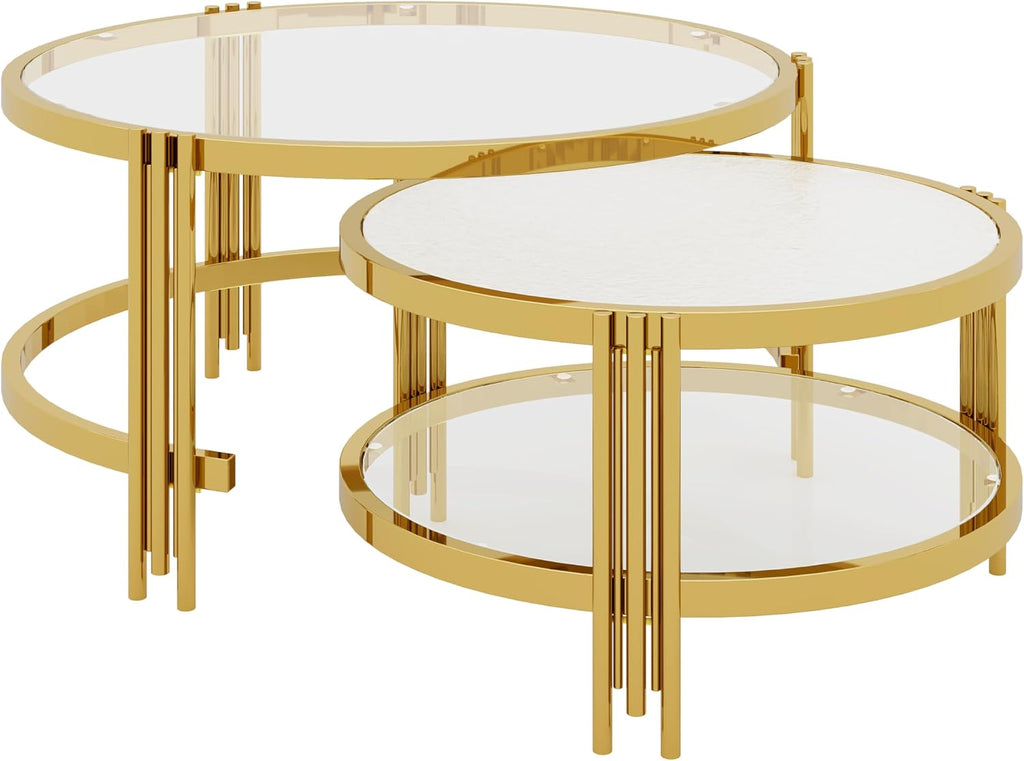 Merax 2-Piece Nesting Round Coffee Table Set, Gold Finish Metal Frame with Textured Tempered Glass Tops, Modern Stylish Accent & Side Table for Living Room, Bedroom, Apartment, Office, Transparent