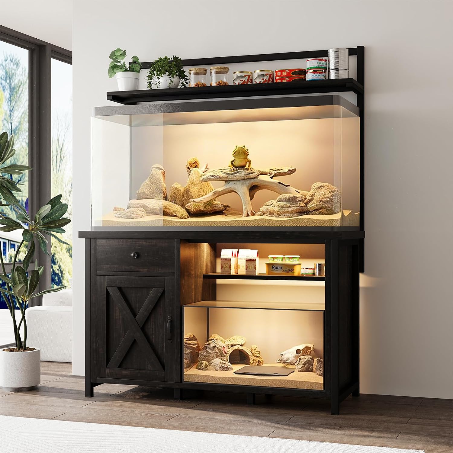 Reptile Tank Stand with Power Outlet, Terrarium Stand with Storage Cabinet, 49' X 20' Tabletop, Aquarium Stand with LED Lights, Reptile Terrarium,Turtle Tank (Oak)