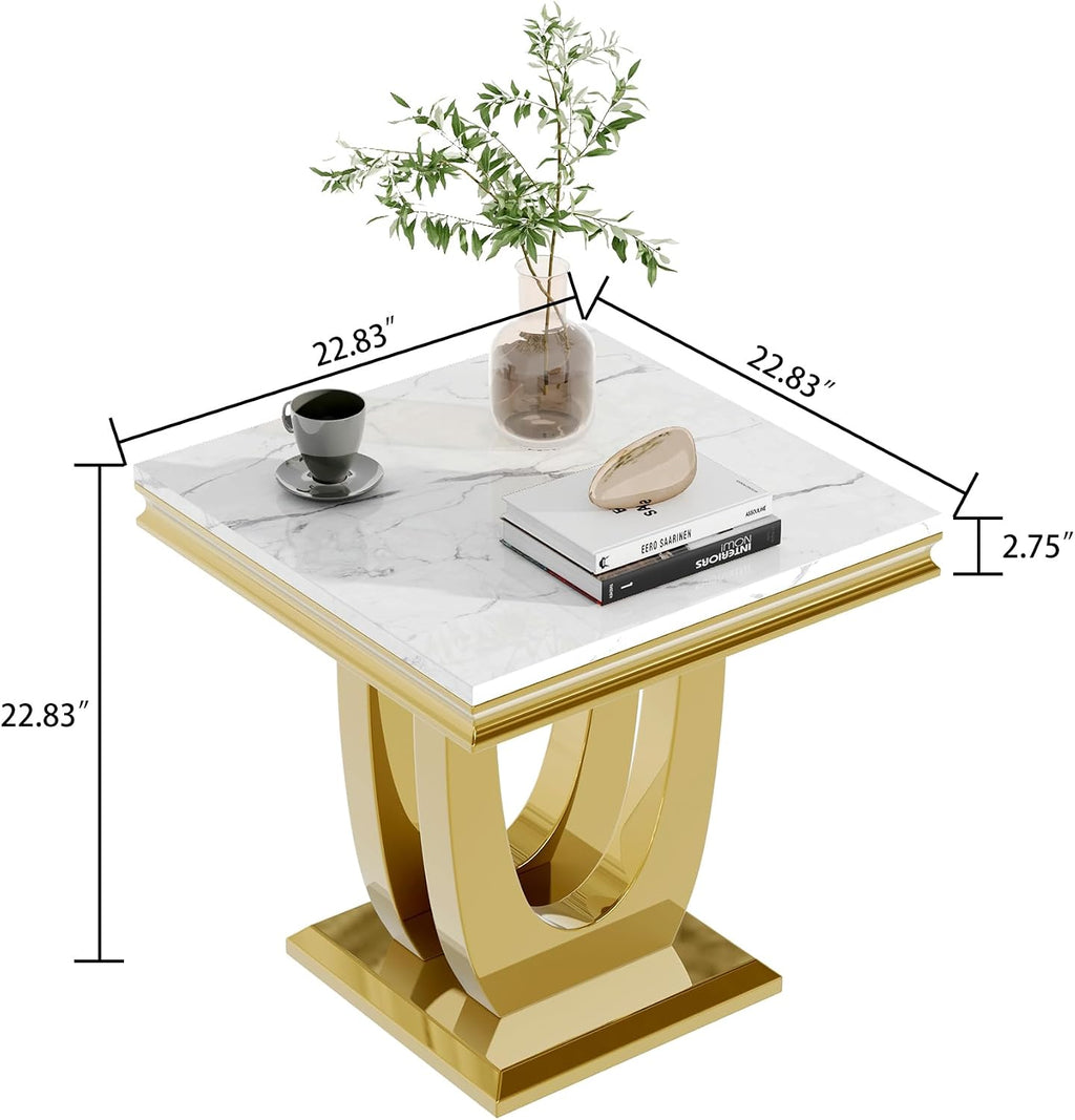 Modern Marble End Table,22' Suqare Side Table with Gold U-Shape Stainless Steel Base,Luxury White Faux Marble End Table Nightstand Pedestal Stand Lamp Table for Hallway, Living Room, Bedroom