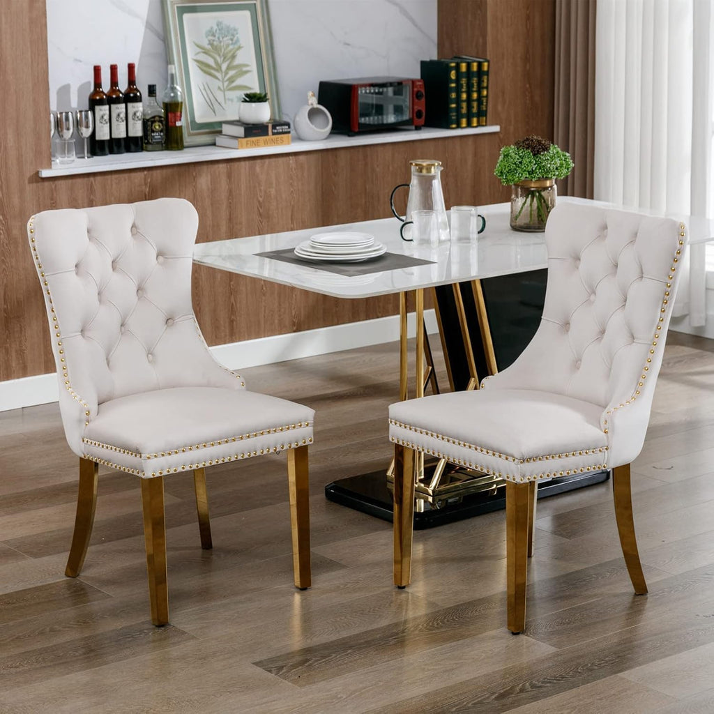 47' Small Dining Table Set of 6, Tempered Glass Round Dining Table and 6 Beige Velvet Dining Chairs, Luxury 7 Piece Circle Kitchen Dining Room Tables Set with Gold Chrome Metal X-Legs