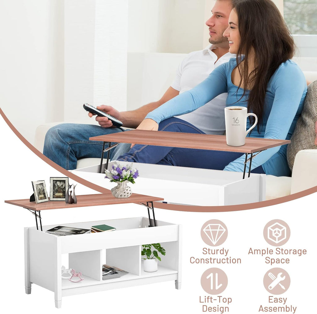 COSTWAY Lift Top Coffee Table, with Hidden Storage Compartment & 3 Open Shelves, Rectangular Cocktail Tea Table with Solid Wood Legs for Living Room Reception Room (White)