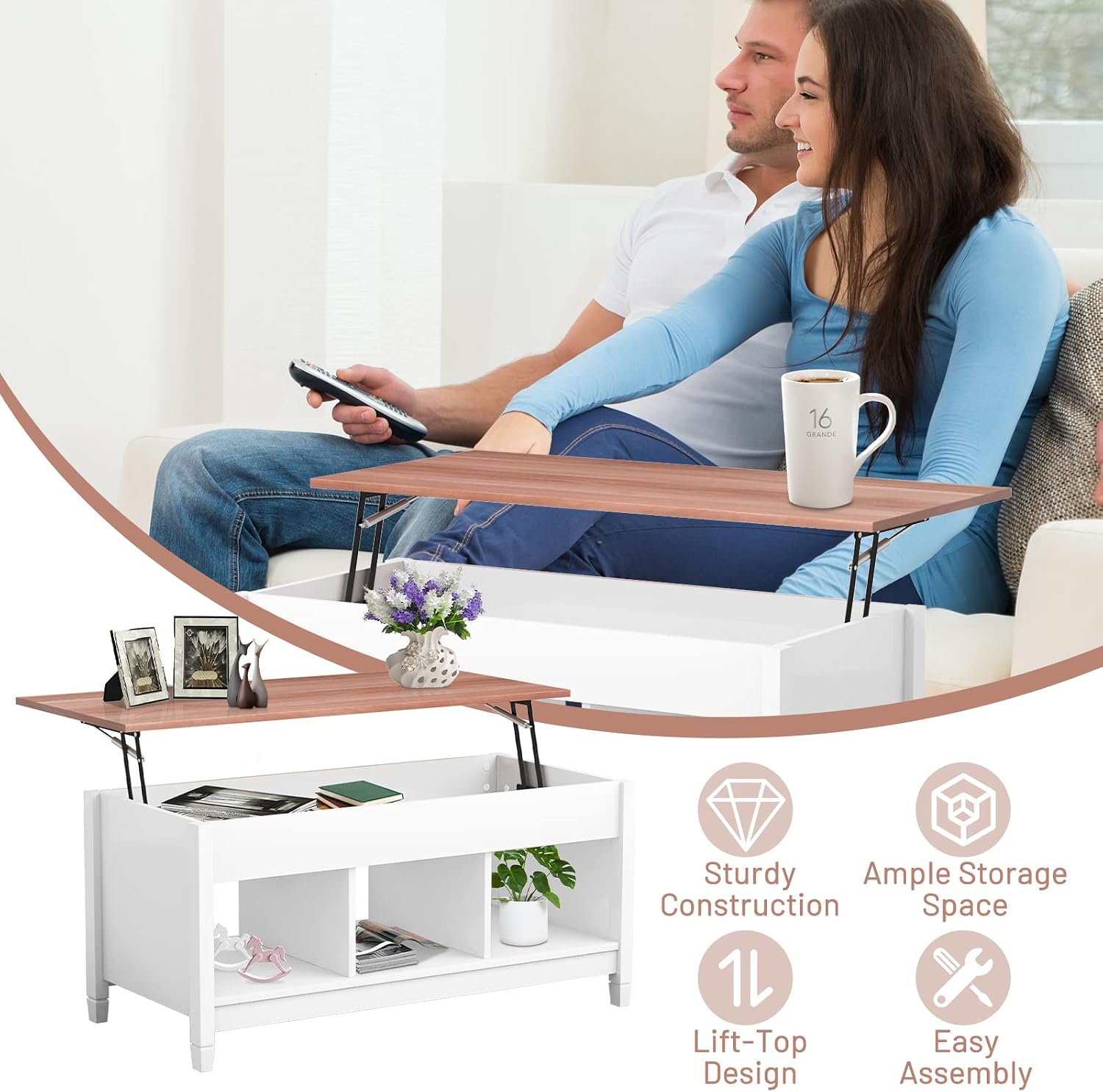 COSTWAY Lift Top Coffee Table, with Hidden Storage Compartment & 3 Open Shelves, Rectangular Cocktail Tea Table with Solid Wood Legs for Living Room Reception Room (White)