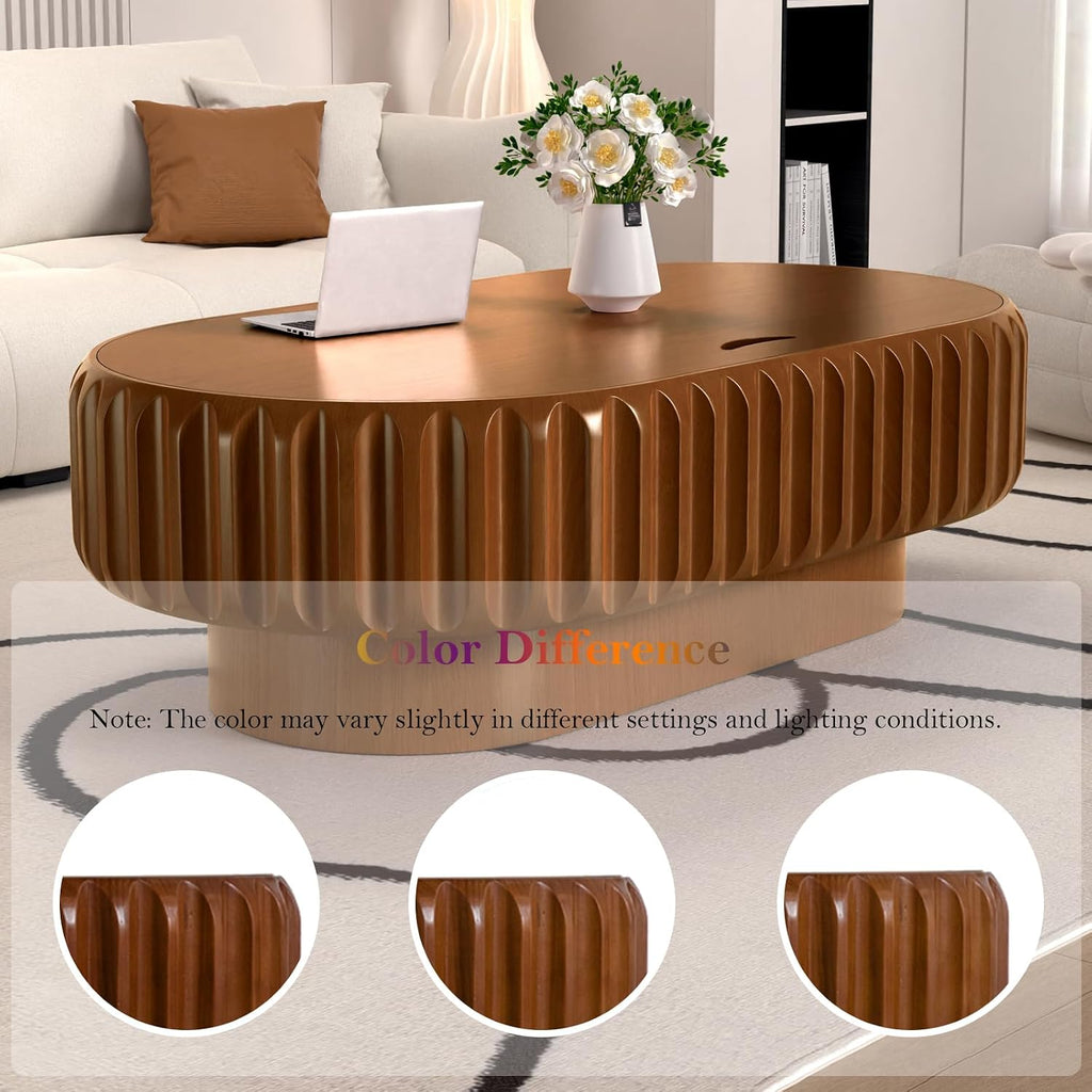 43.3' Oval Drum Coffee Table - Handcraft Solid Wood Edge Stripe Rustic Chic Fluted Tea Table with with Storage for Small Space Apartment (F 43.3in)