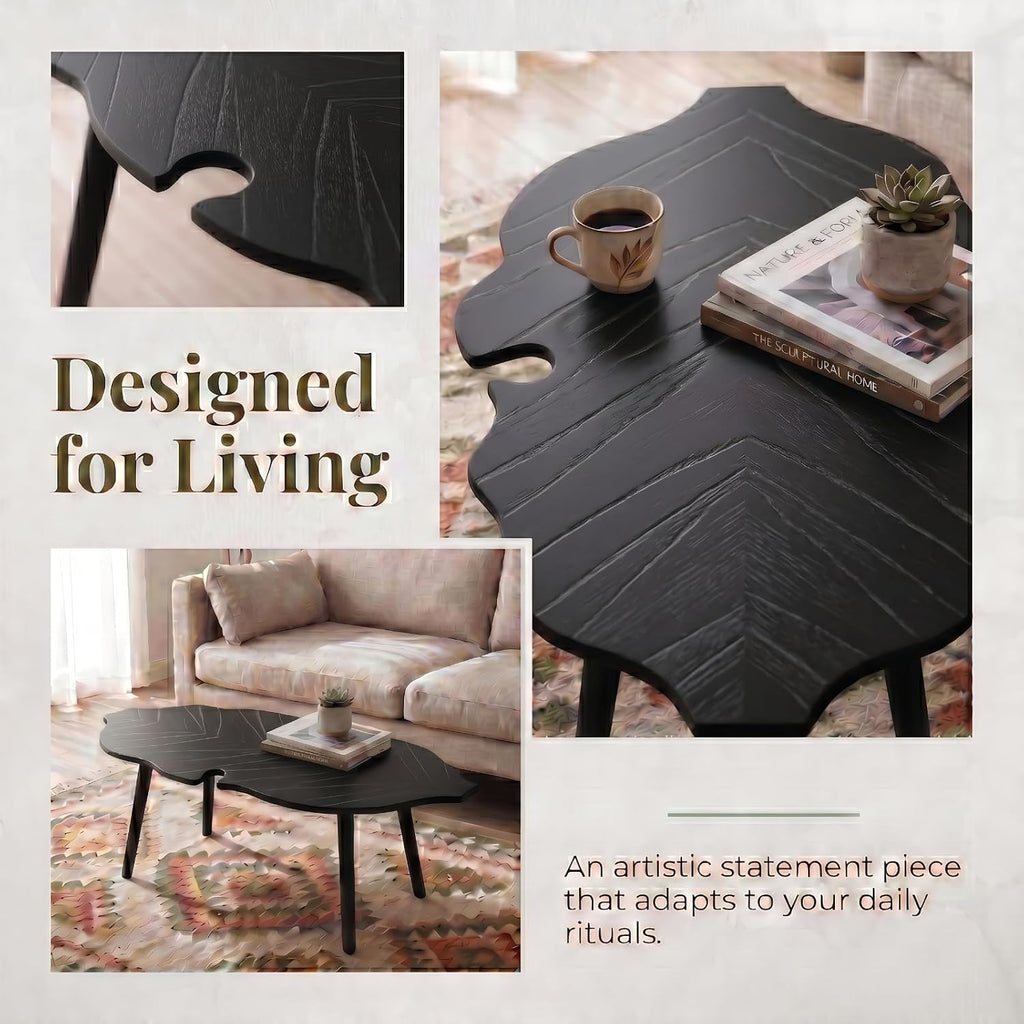 HNY Modern Coffee Table for Living Room, Black Wood Coffee Table Farmhouse Center Table Vivid Leaf Table End Table with Rustic Grain Side Table with Wood Leg for Bedroom Office Cafe Small Space
