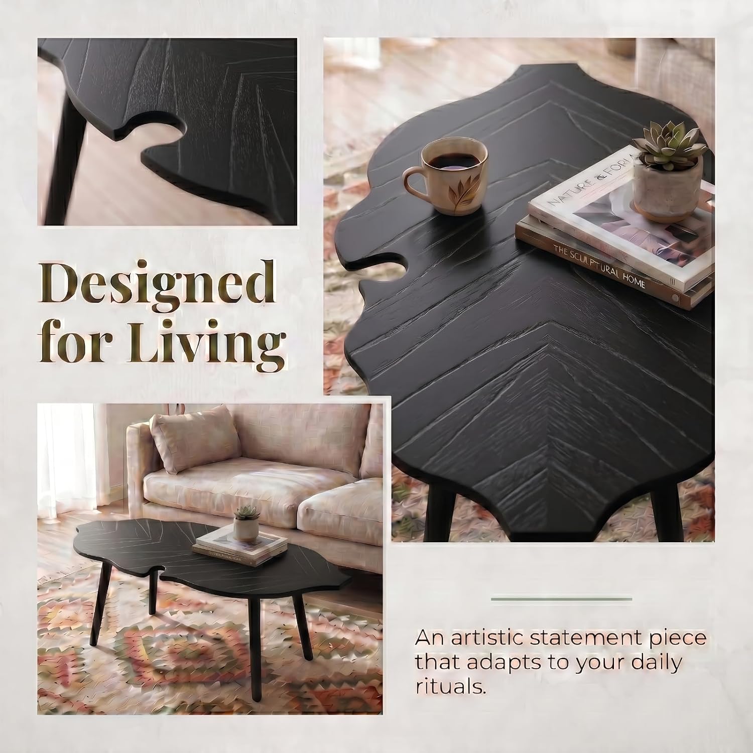 HNY Modern Coffee Table for Living Room, Black Wood Coffee Table Farmhouse Center Table Vivid Leaf Table End Table with Rustic Grain Side Table with Wood Leg for Bedroom Office Cafe Small Space