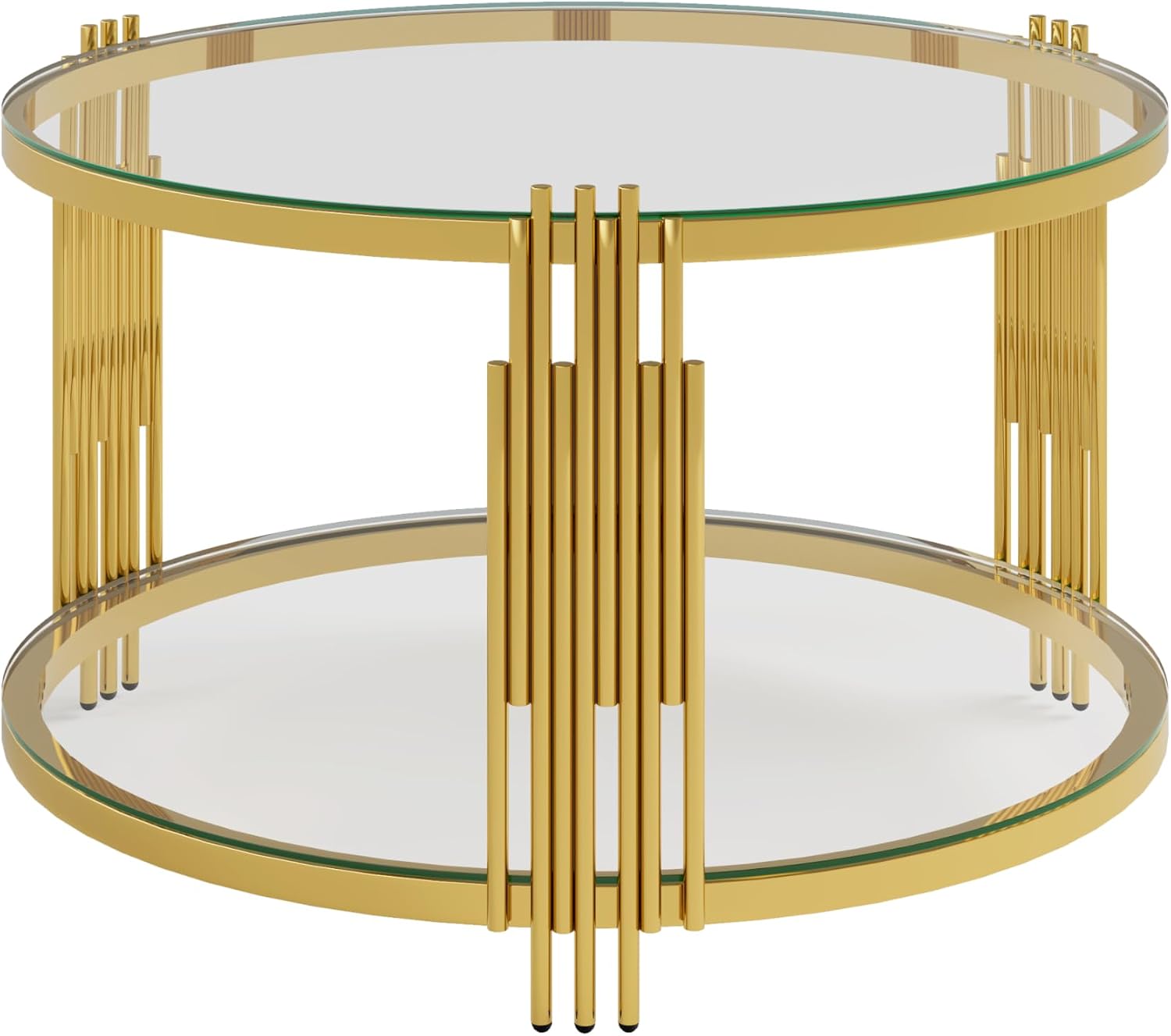 Circle Coffee Table, Tempered Glass Center Table with Asymmetrical Gold Frame and Storage Shelf, for Living Room Home Office Decor, Transparent