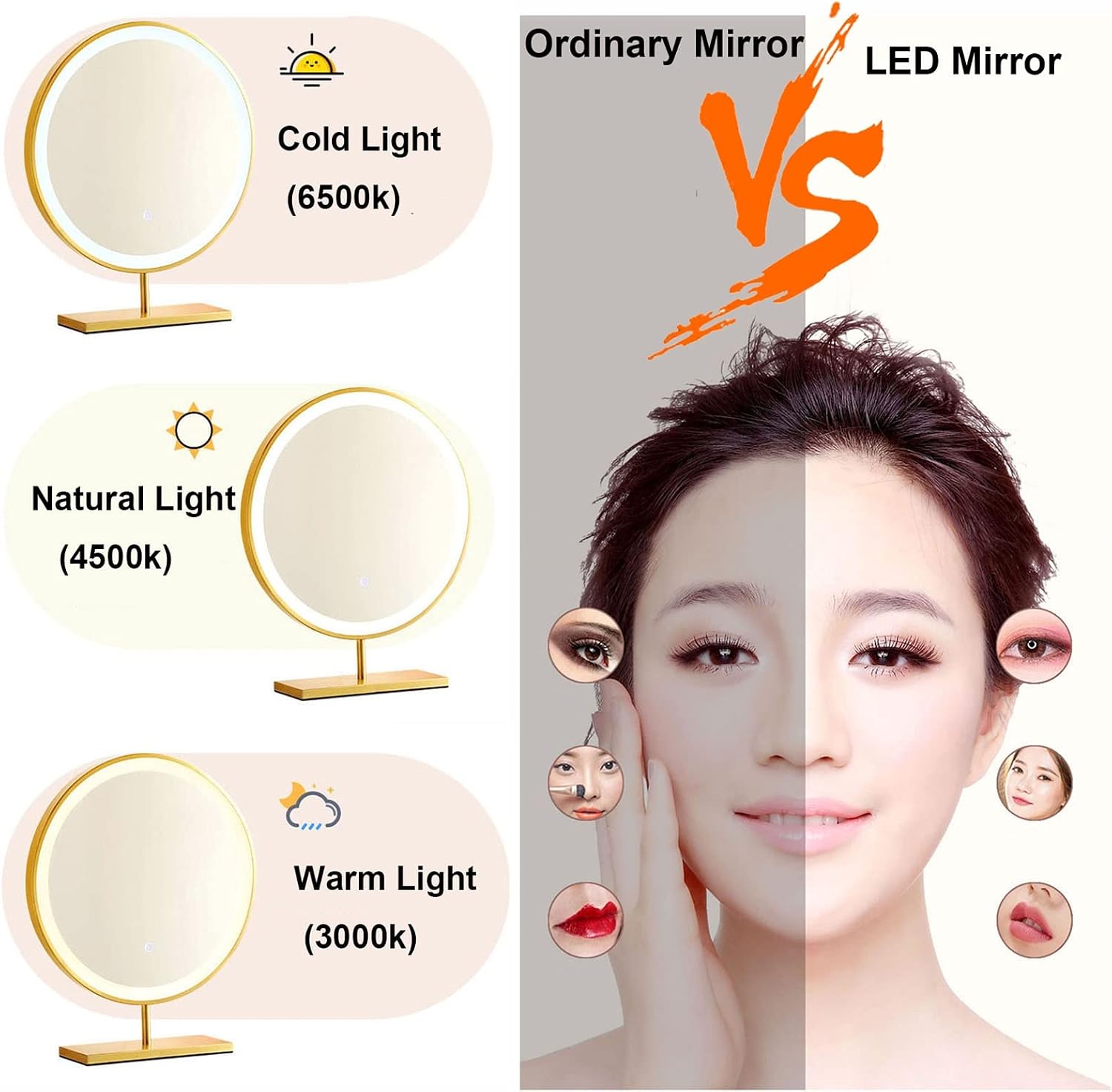 Freestanding Round Vanity Mirror with Led Lights, Bedroom Illuminated Tabletop Mirrors, 3 Color Lighting Stainless Steel Frame Cosmetic Mirror - Touch Switch (Color : Gold, Size : 50x50cm/20, Black