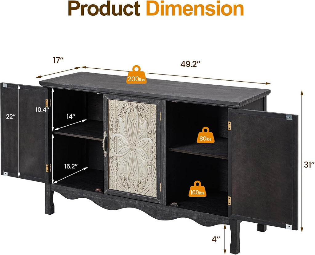 RoyalCraft Farmhouse Sideboard Buffet Cabinet with Storage, Vintage Solid Wood Credenza Buffet Table Coffee Bar Wine Bar Storage Cabinet with 3 Doors for Dining Room Living Room Hallway, Retro Black