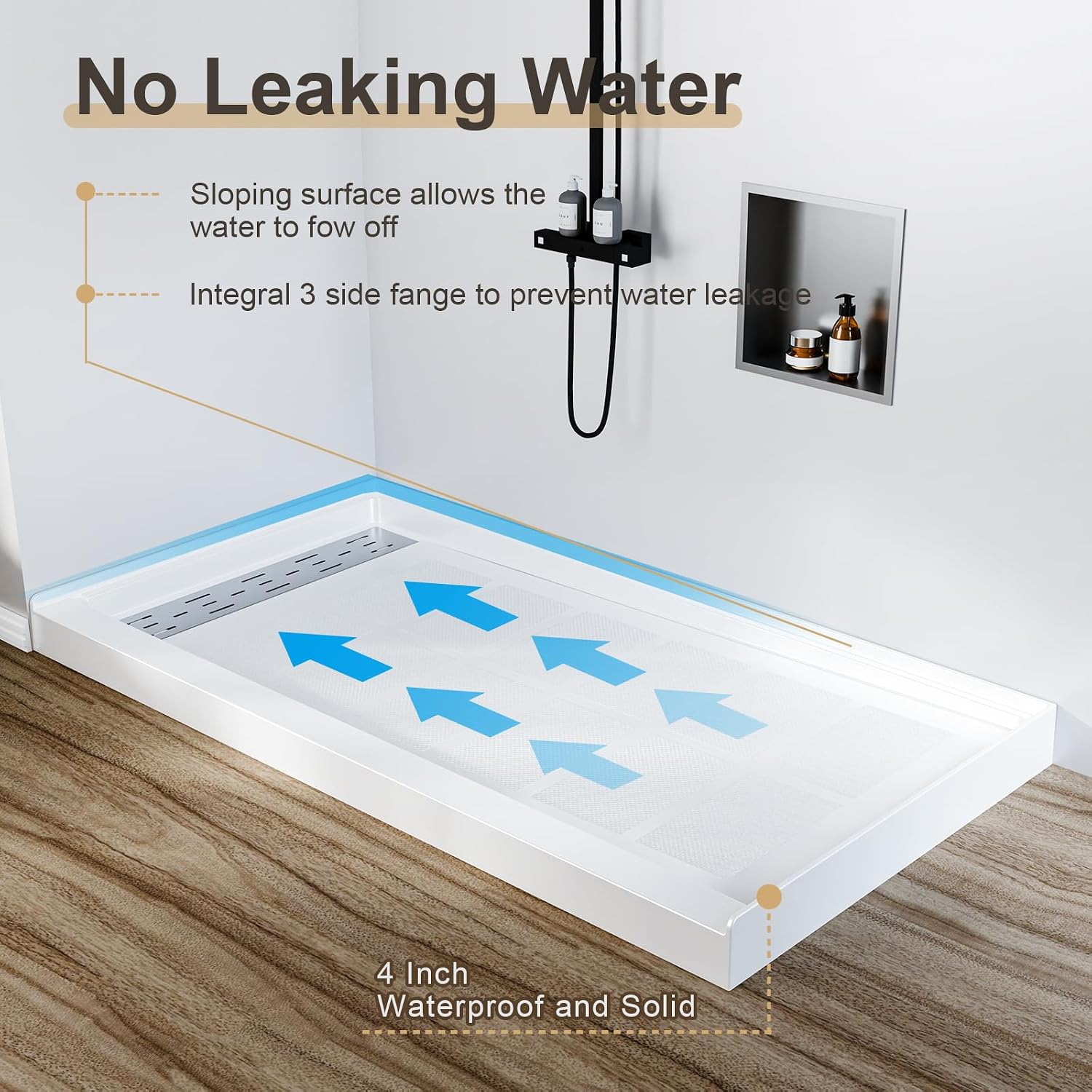60' x 32' Shower Base Non-Slip SMC Shower Pan with Left Drain, White Bathroom Shower Tray Kit, 304 Stainless Steel Square Drain Cover, Single Threshold Floor for Easy Installation