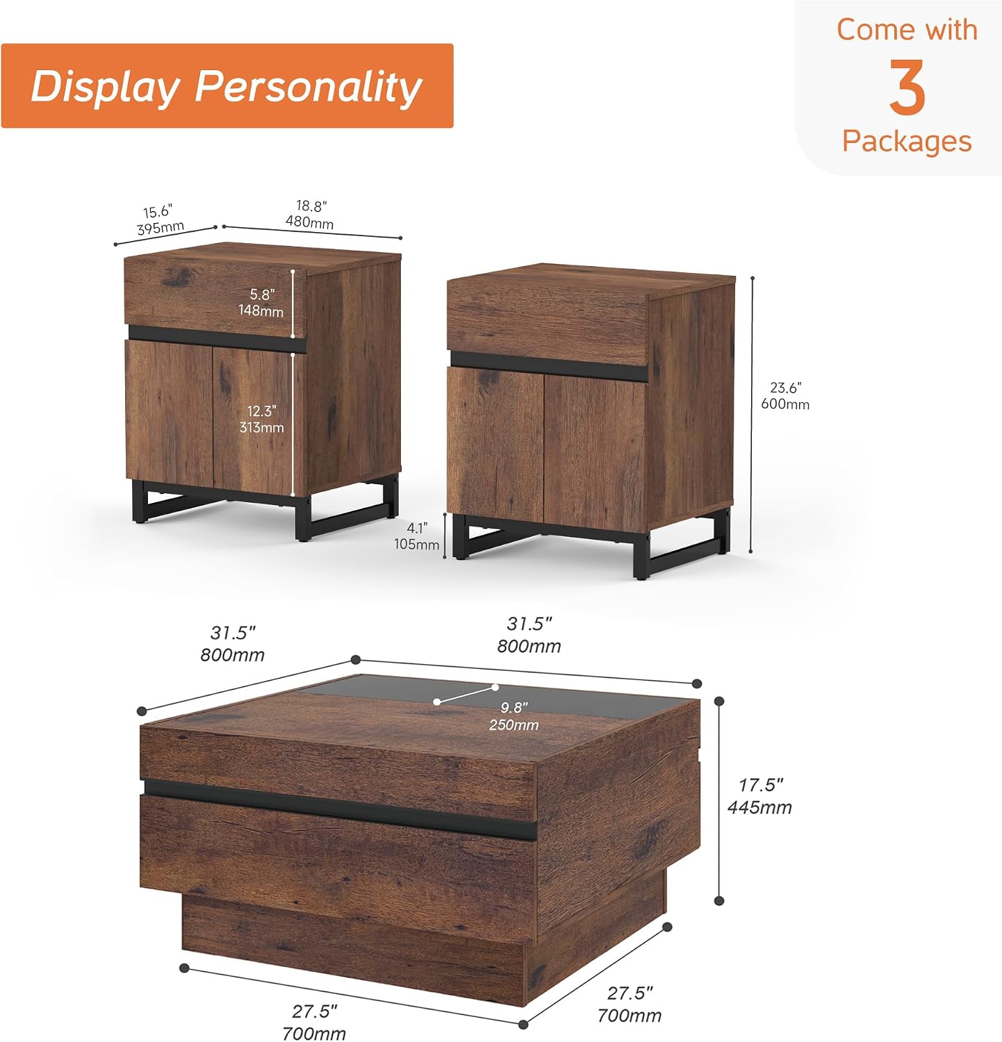 WAMPAT 3 Pieces Living Room Table Set, Modern Coffee Table with Tempered Glass Top, Modern End Table with 1 Drawer & 1 Storage Cabinet for Living Room