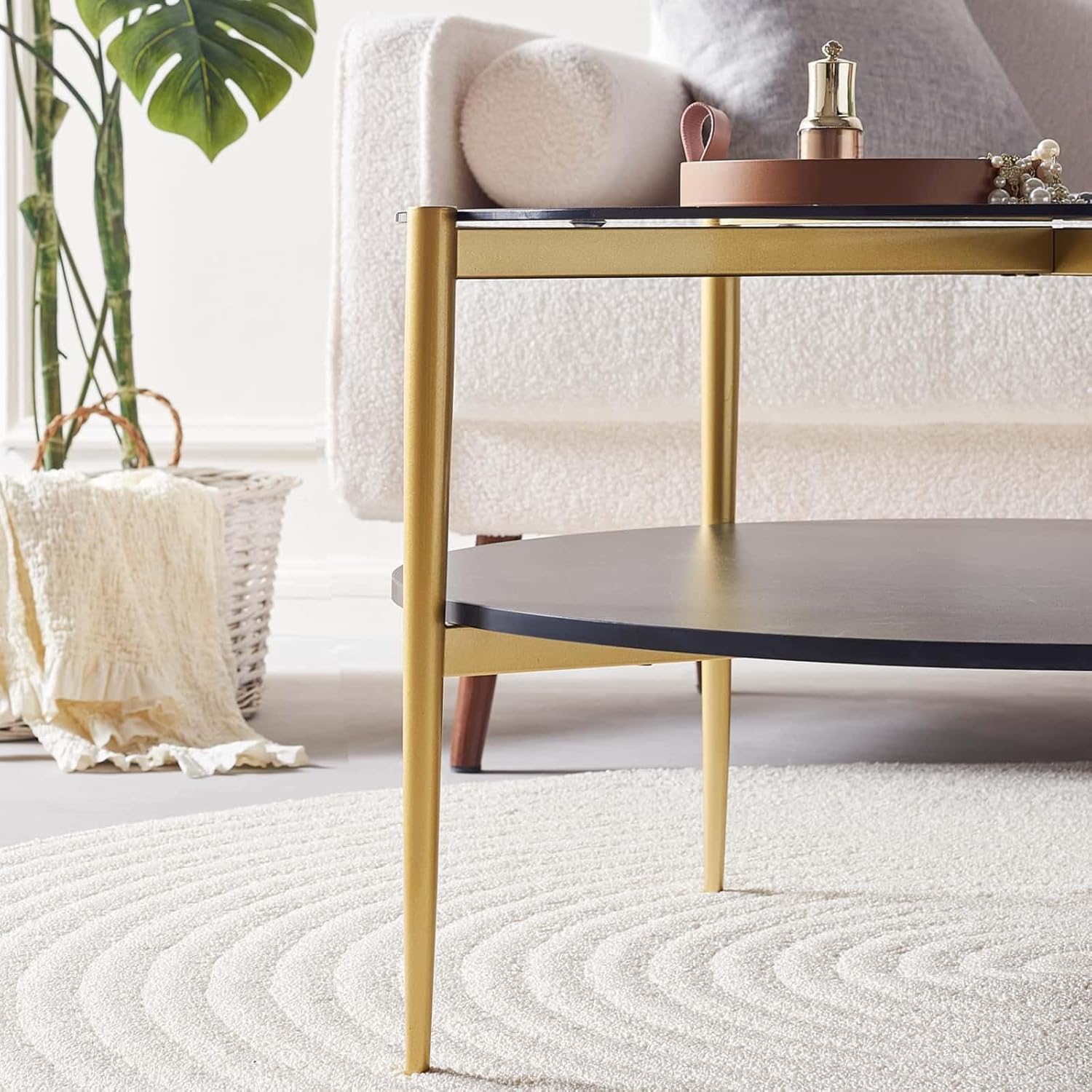 LumFurn Round Coffee Table for Living Room, Mid-Century Modern Design, D30 x H17, 2-Tier Structure, Grey Glass Top and Black Marble Finish Wood Shelf, Sleek Conical Metal Legs with Gold Finish Frame