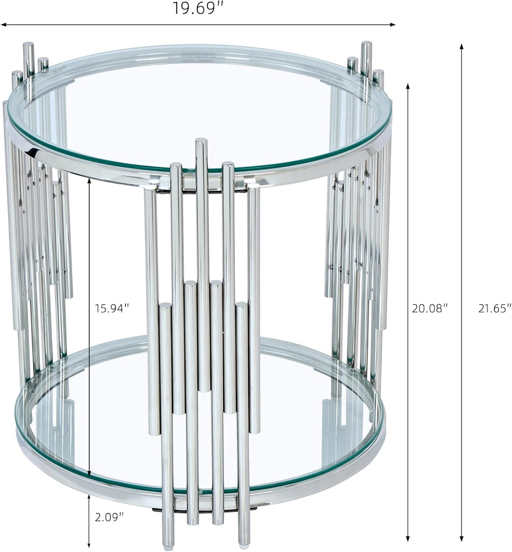 SSLine 2-Piece Round Living Room Table Set, Modern Clear Glass Coffee Table with 1 End Table, Luxury Circle 2-Tier Storage Coffee Table Set with Silver Stainless Steel Frame for Living Room