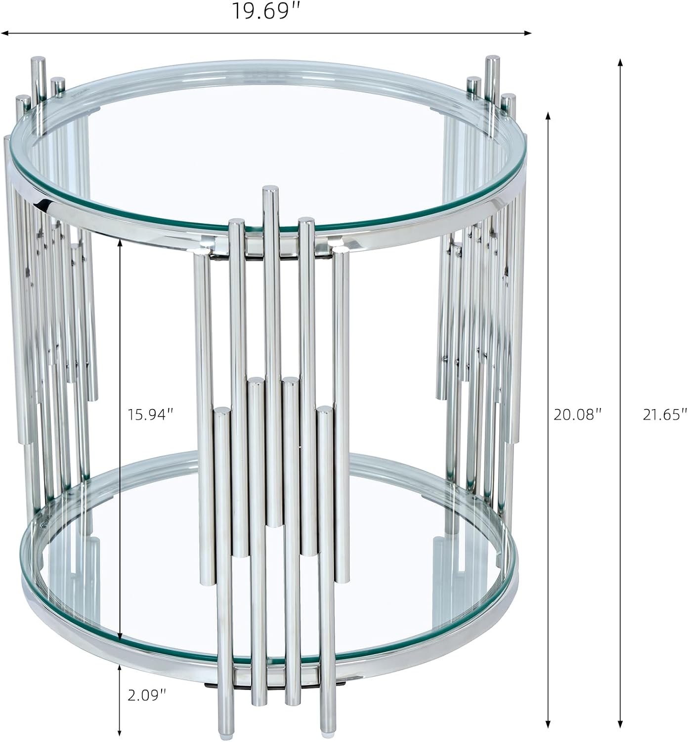 SSLine 2-Piece Round Living Room Table Set, Modern Clear Glass Coffee Table with 1 End Table, Luxury Circle 2-Tier Storage Coffee Table Set with Silver Stainless Steel Frame for Living Room