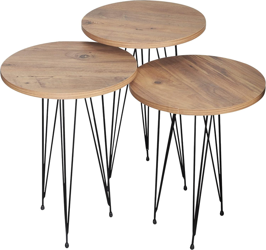 Set of 3 Pine Wood Nesting End Tables Round Wood Stacking Coffee Side Accent Table with Metal Legs for Living Room, Home Office, Nightstands for Bedroom