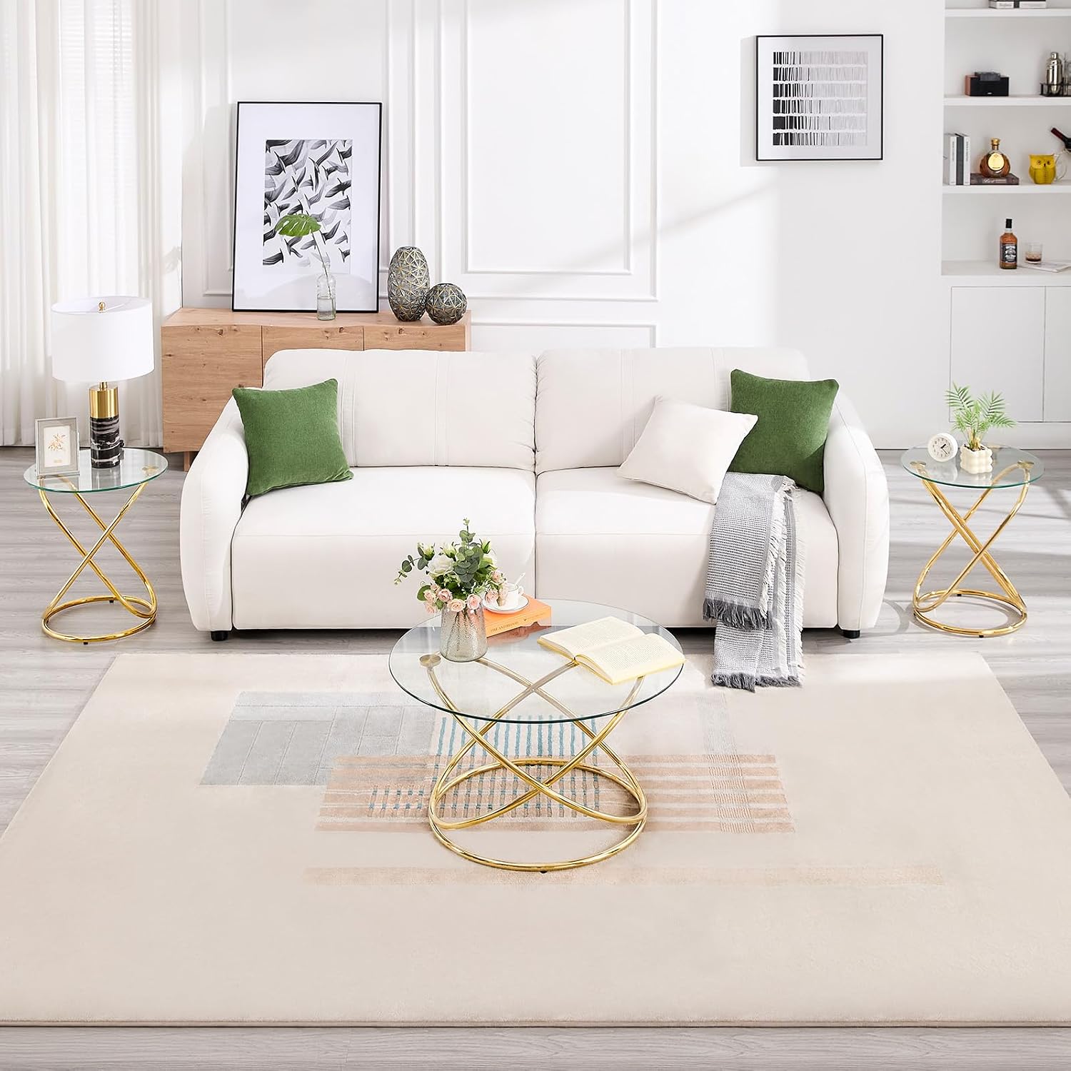 BECHAEO 19.7' Round Glass Gold Side Table Set of 2 with Gold-Plated Metal Ring-Shaped Frame for Living Room, Modern Round Glass End Table Nightstand for Bedroom, Small Side Table for Small Spaces