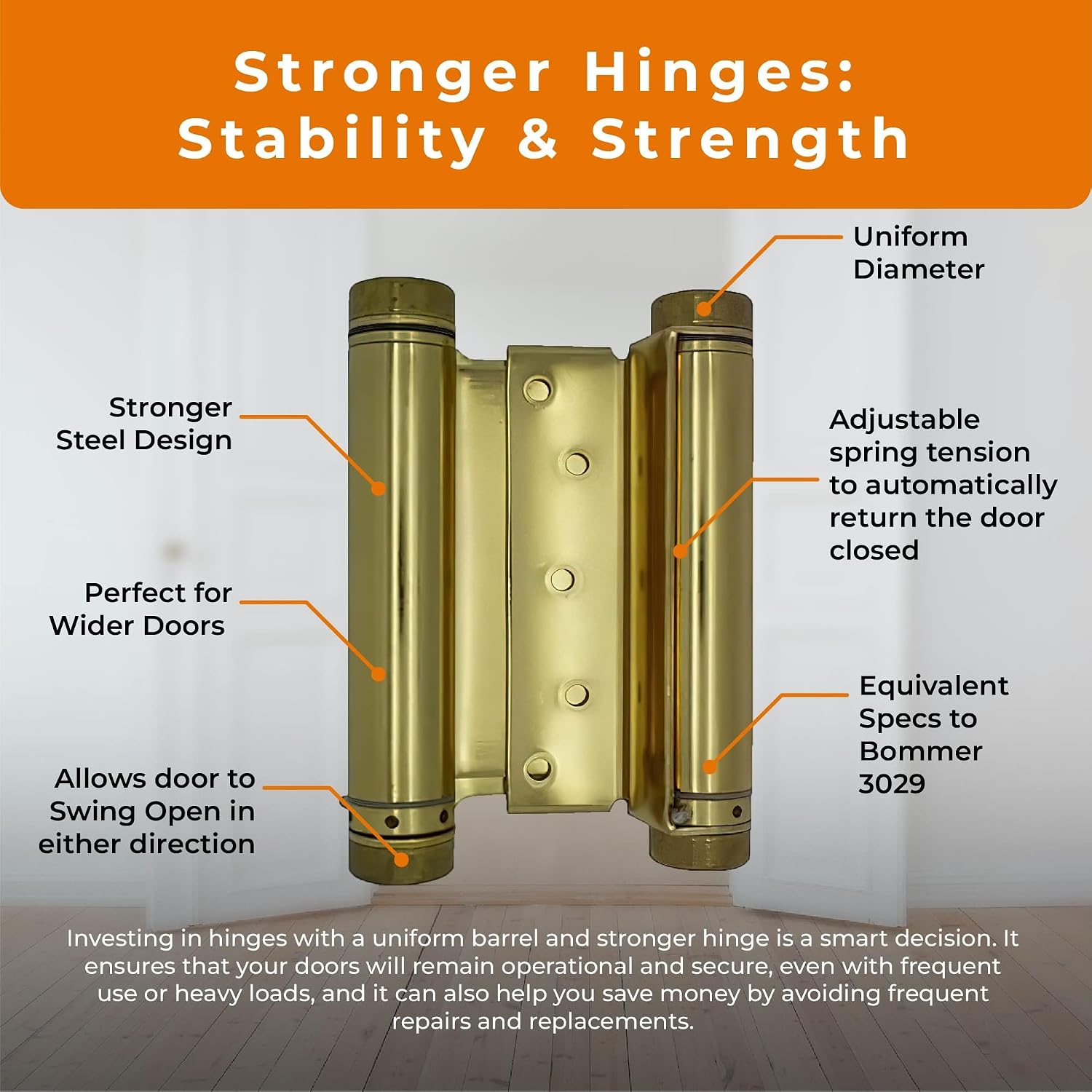 Swinging Cafe Doors - 6' Double Action Hinge – Heavy Duty Door Hinges for Saloon & Cafe Bar Swinging Doorways – Commercial Grade, Adjustable Tension for High Traffic Use, Polished Brass, 2 Units
