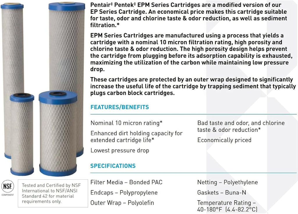 Pentair Pentek EPM-20BB Big Blue Carbon Block Water Filter, 20' x 4.5', 10 Micron, Bonded PAC, Chlorine Taste & Odor Reduction, 30,000 Gallon Capacity, Pack of 4
