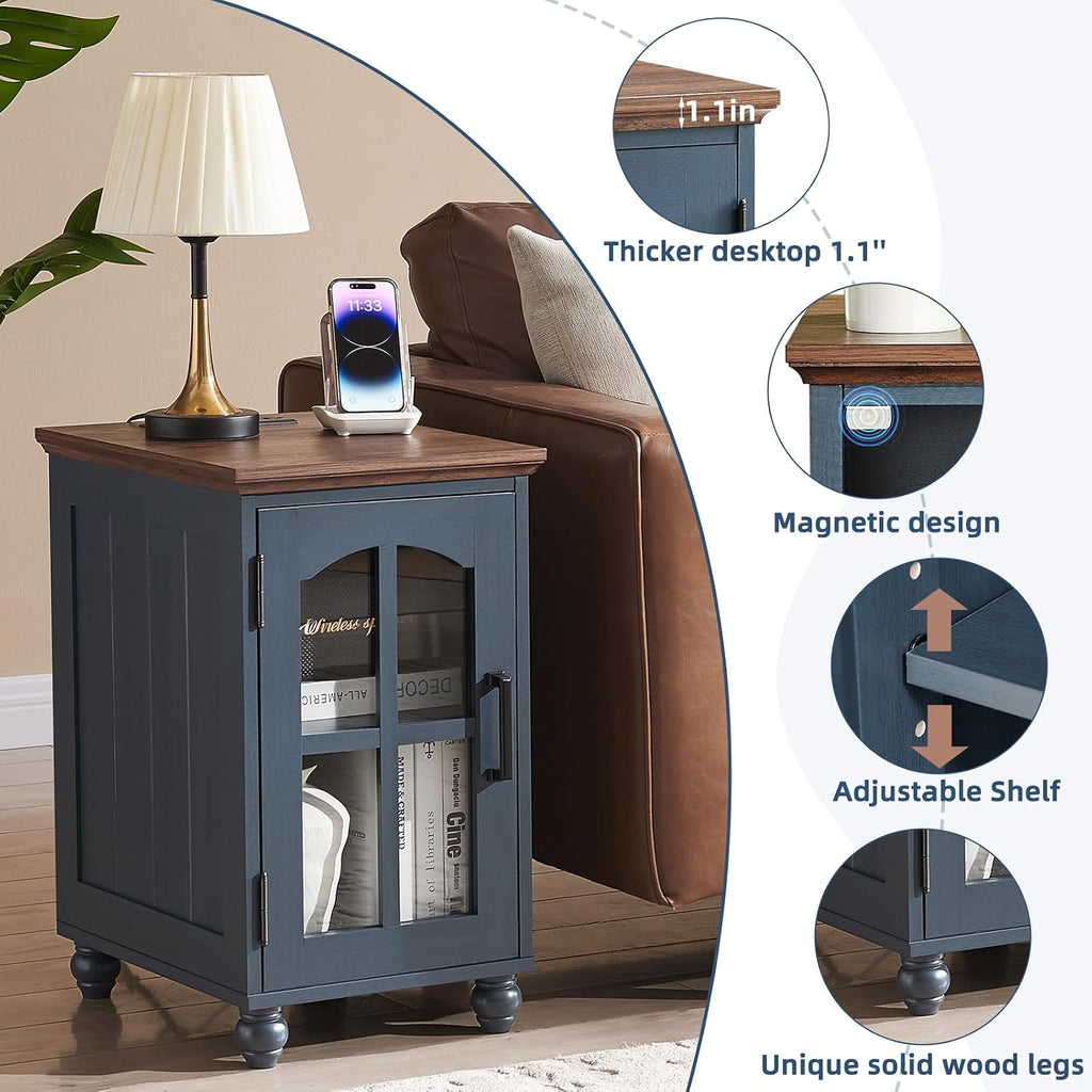 Narrow Side Table Set of 2,Farmhouse Nightstand with Charging Station,End Table with Glass Barn Door Storage, Cabinet Organizer with Adjustable Shelf, Night Stand for Small Spaces Living Room Bedroom
