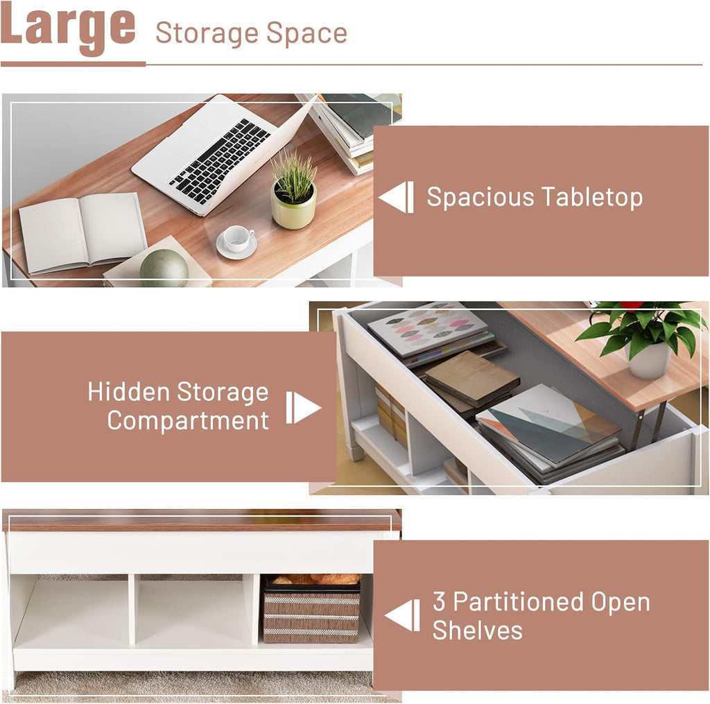 COSTWAY Lift Top Coffee Table, with Hidden Storage Compartment & 3 Open Shelves, Rectangular Cocktail Tea Table with Solid Wood Legs for Living Room Reception Room (White)