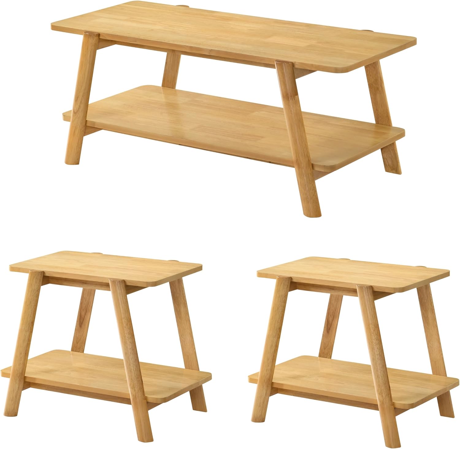 Roundhill Furniture Metz 3-Piece Coffee Table Set, Coffee Table and Two End Tables, Natural Oak Finish