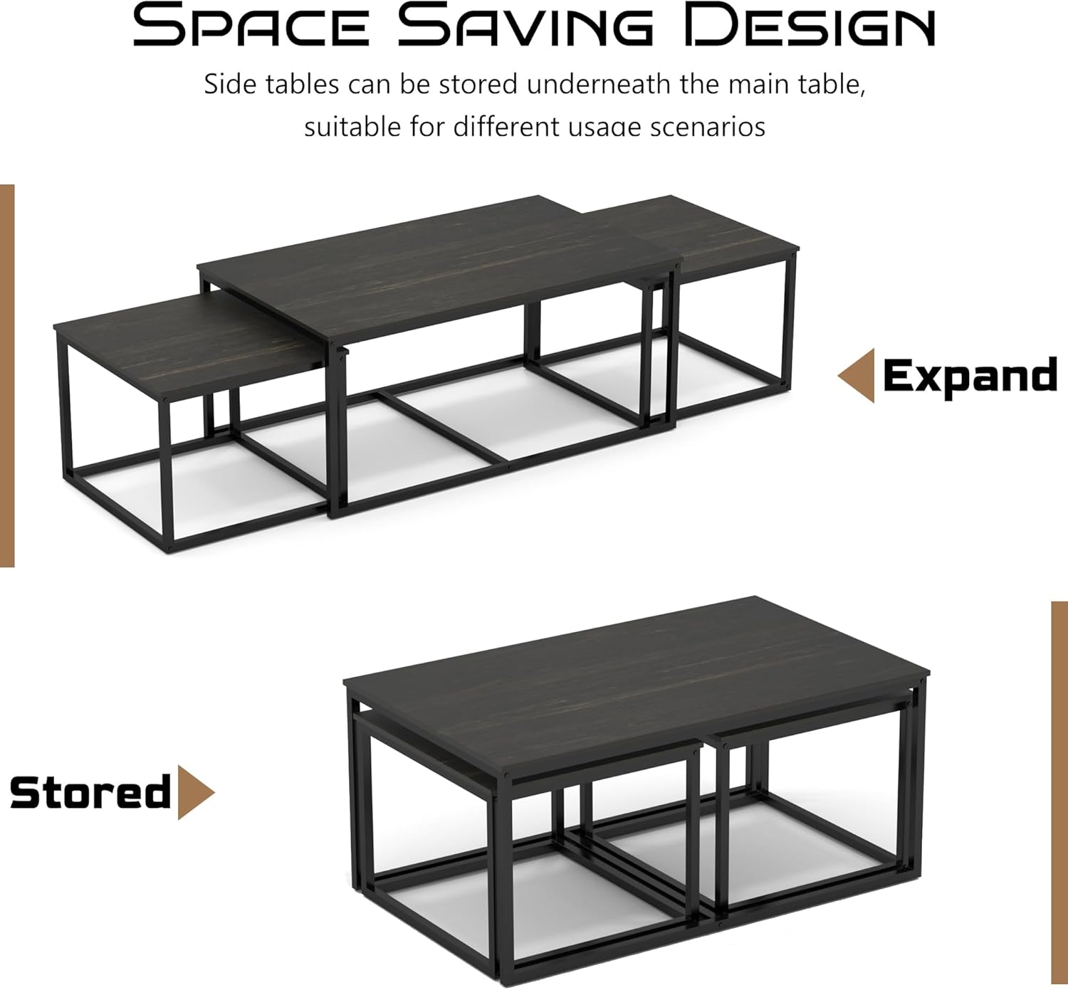 Nesting Coffee Tables,3 Piece Living Room Coffee Table,Industrial Rectangular Coffee Table Set,End Table Side Tables for Living Room Bedroom(Black)