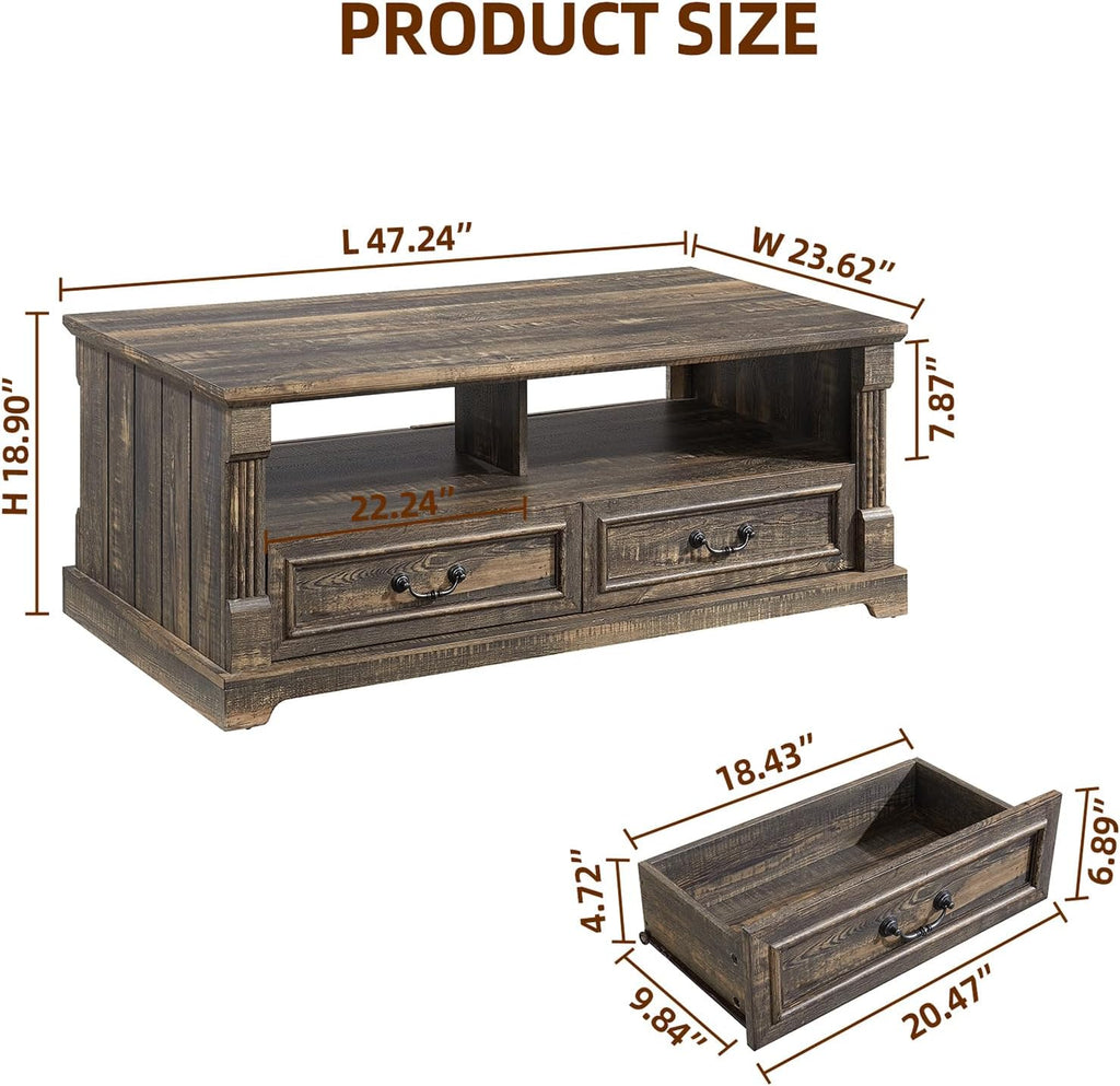 48'' Wood Coffee Table for Living Room, Farmhouse Coffee Table with Storage, Rustic Center Table for Living Room with 4 Drawers, Farmhouse & Industrial Cocktail Table for Home (Dark Rustic Oak)
