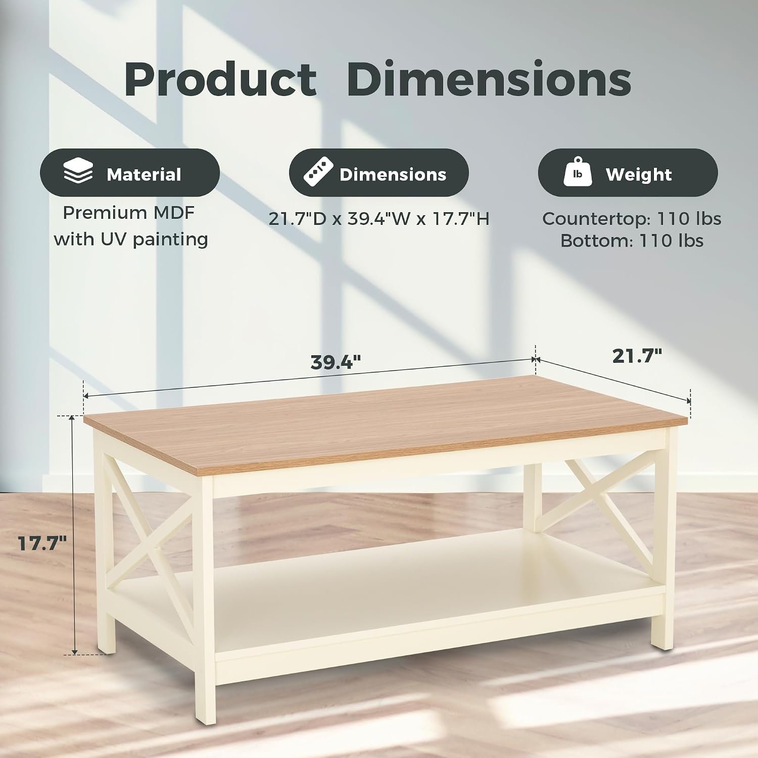 MAISON ARTS Farmhouse Coffee Table 39'', 2-Tier Coffee Table Set with Storage for Living Room, X-Frame Design Rustic Center Table, Easy Assembly, Ivory White