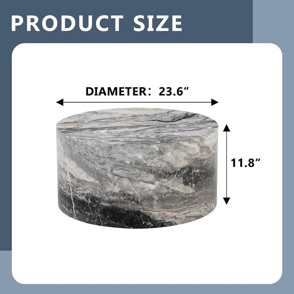 23.6' Grey Marble Small Coffee Table for Living Room Round Faux Marble Center Table Modern Drum-Shape Wooden Cocktail Table for Home Office - Fully Assembled