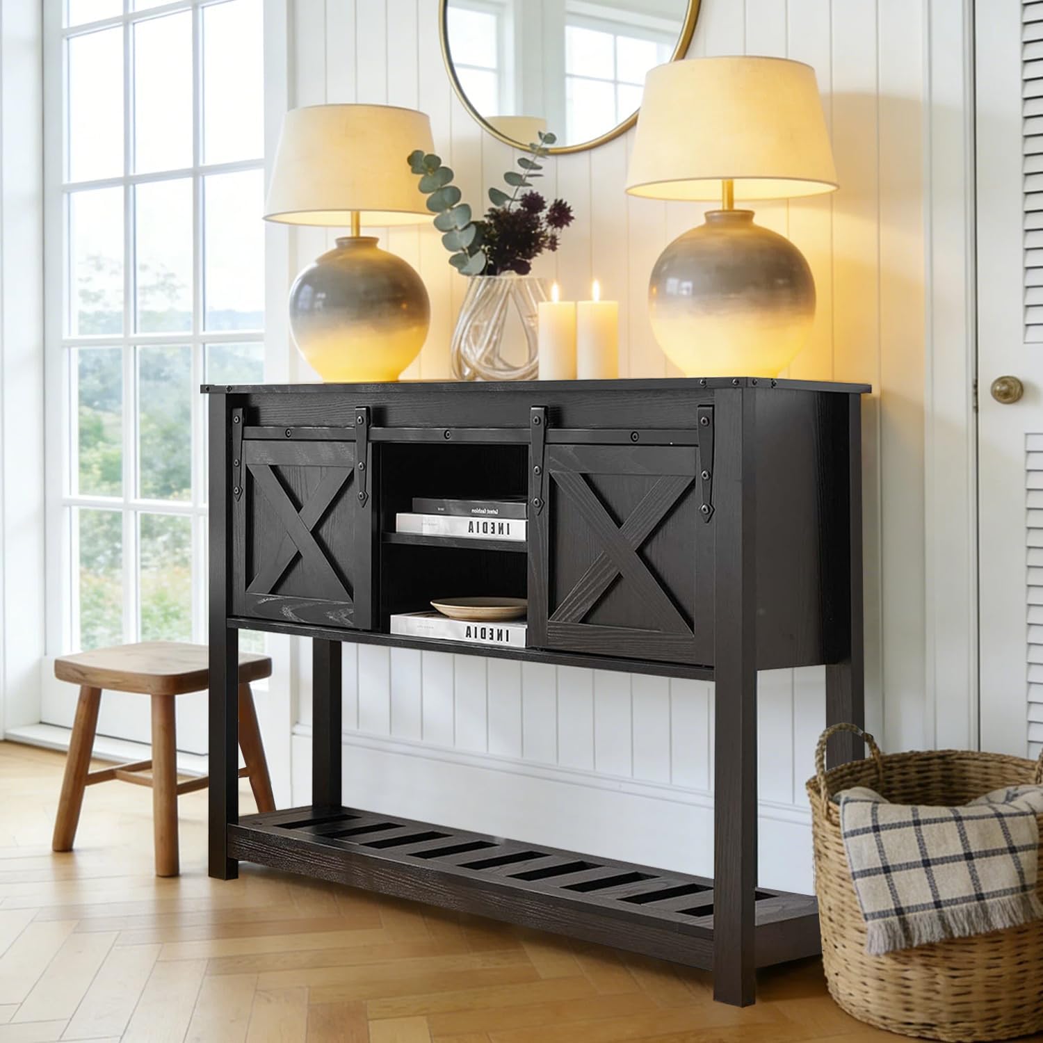 Entryway Table with Sliding Barn Doors, 43' Farmhouse Console Table with Storage Shelf, Behind Couch Sofa for Hallway, Entryway, Foyer, Black