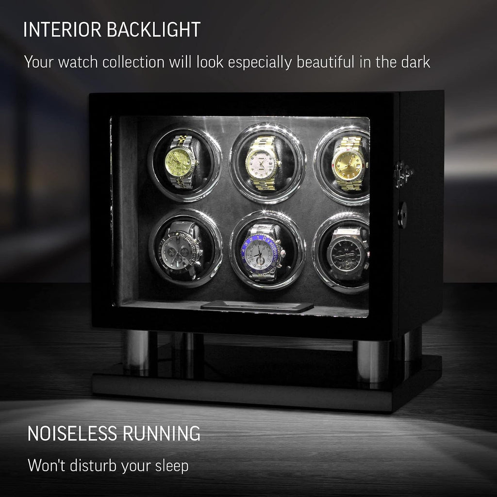 Watch Winder for 6 Watches with LED Light, LCD Display and Motor-Stop Option