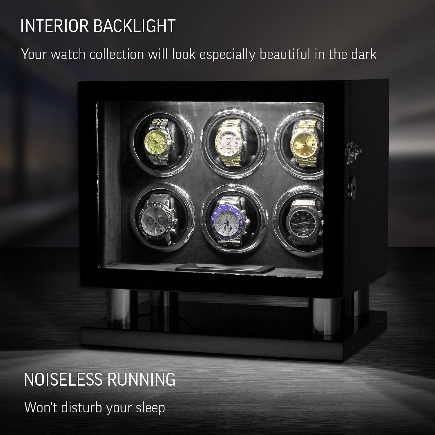 Watch Winder for 6 Watches with LED Light, LCD Display and Motor-Stop Option