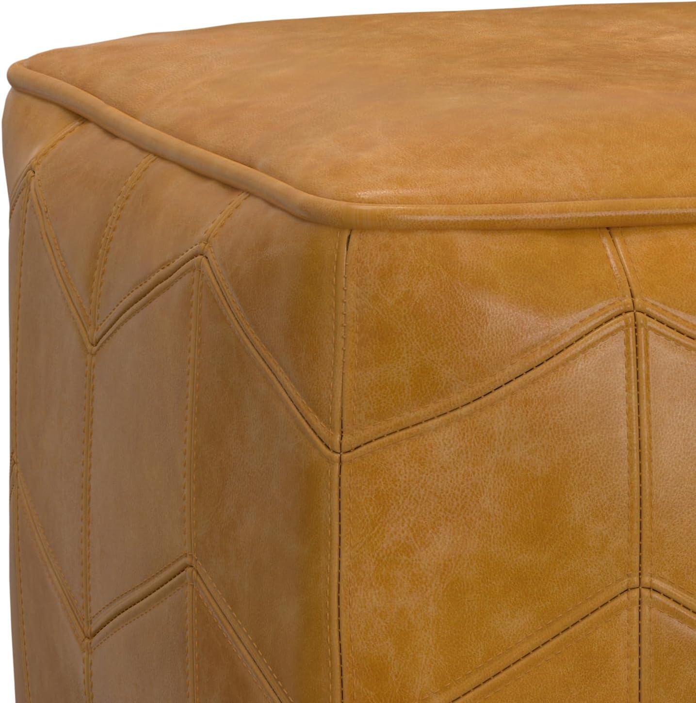SIMPLIHOME Morden Square Pouf - 18 inch Wide Upholstered Genuine Leather Ottoman in Brown, Contemporary Footstool or Extra Seating for Living Room or Bedroom with Chevron Pattern, Assembled