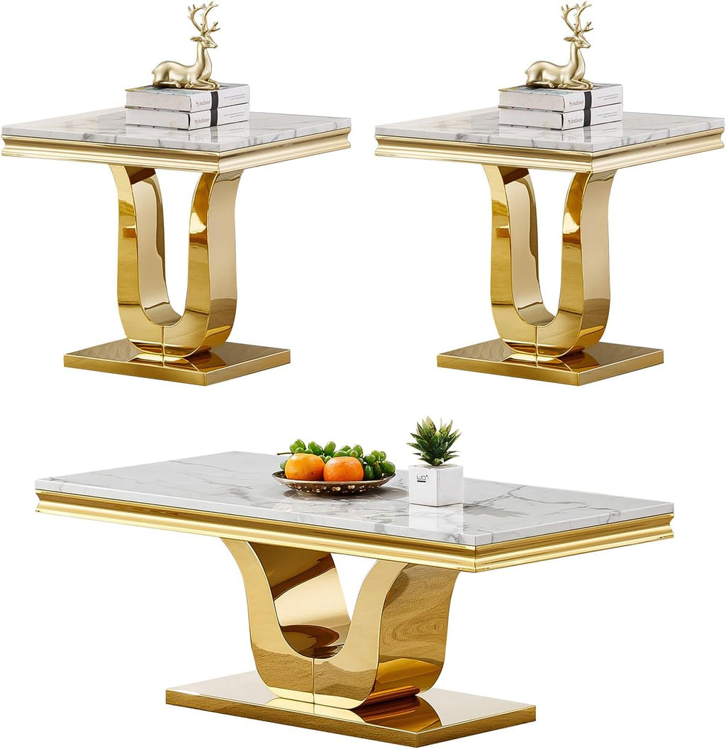 3 Piece Living Room Table Set, Faux Marble Coffee Table Set of 3, Modern White Coffee Table and 2 End Tables with Gold Stainless Steel U-Base for Living Room Home Office