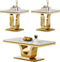 3 Piece Living Room Table Set, Faux Marble Coffee Table Set of 3, Modern White Coffee Table and 2 End Tables with Gold Stainless Steel U-Base for Living Room Home Office