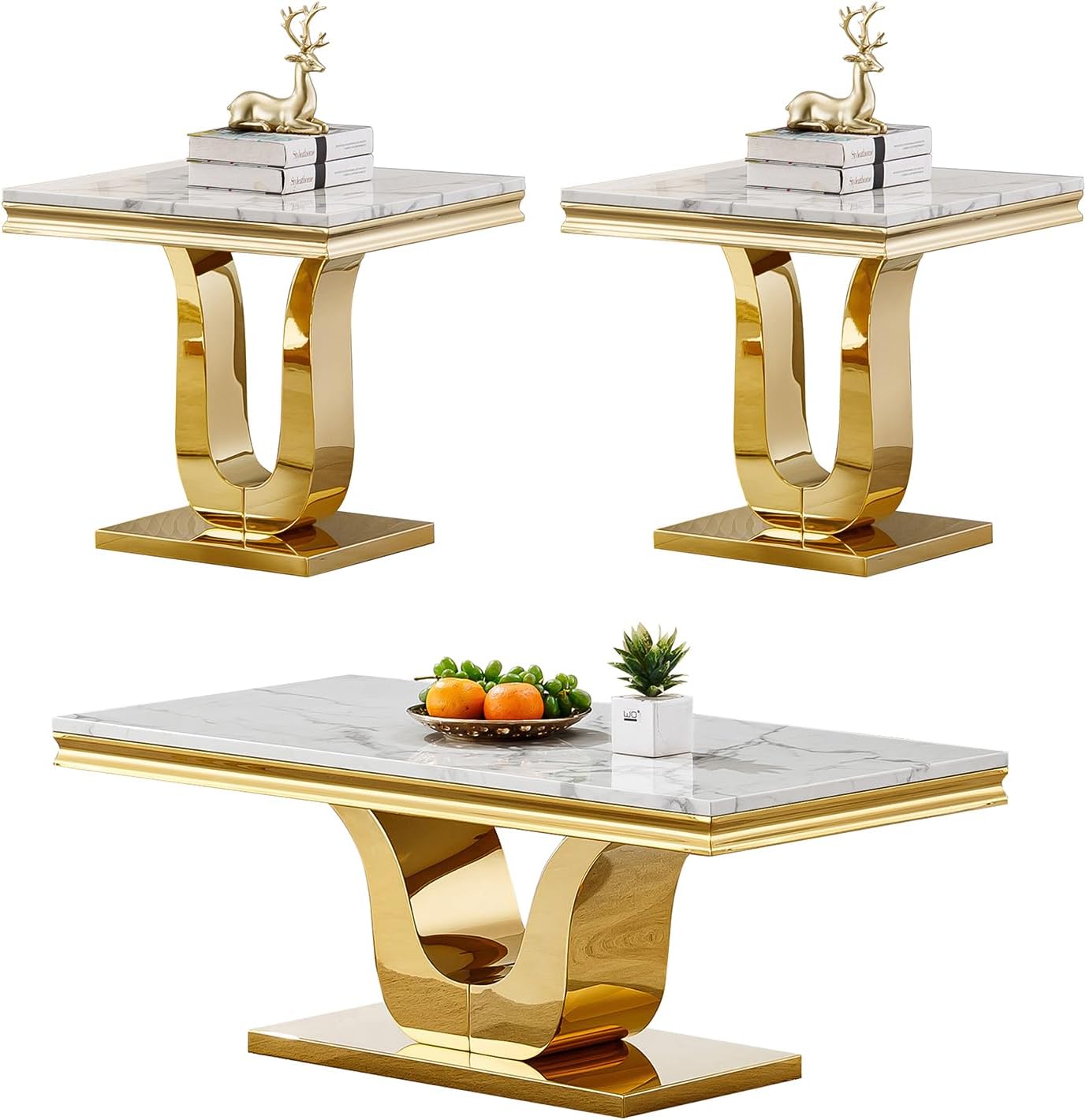 3 Piece Living Room Table Set, Faux Marble Coffee Table Set of 3, Modern White Coffee Table and 2 End Tables with Gold Stainless Steel U-Base for Living Room Home Office