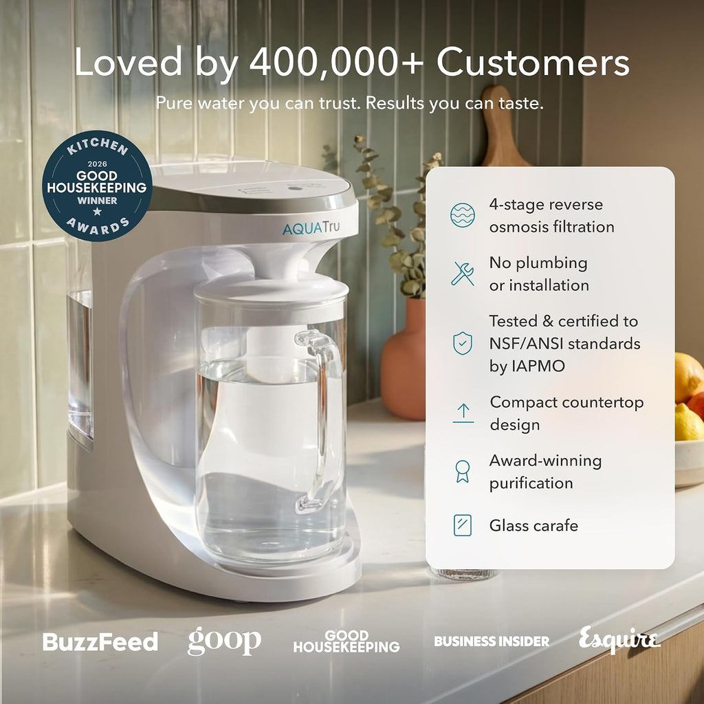 AquaTru Glass Carafe | Countertop Reverse Osmosis Water Filter Countertop RO System Water Purifier | 4 Stage Reverse Osmosis Filtration | Removes 84 Contaminants Like PFOA + PFOS, Lead, Microplastics