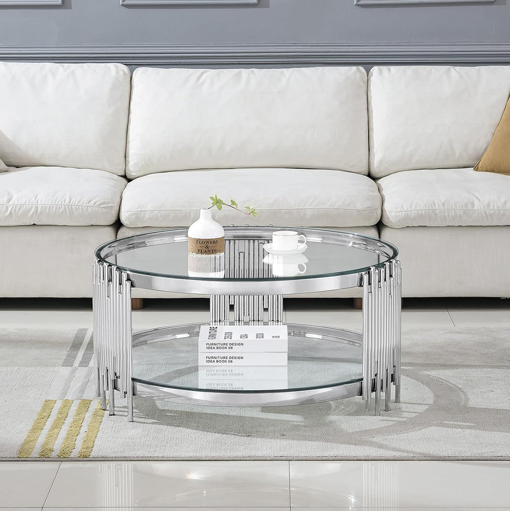 Luxury Glass Round Coffee Table Set of 3, Glass Circle Coffee Table and 2 Clear Glass End Table with Silver Stainless Steel Base, 3 Piece Living Room Coffee Table Set for Apartment Bedroom