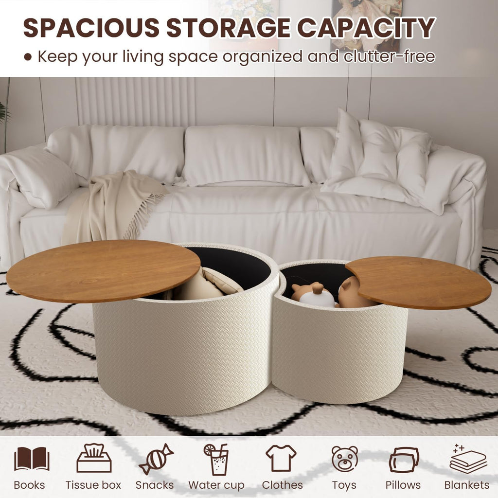 WXFKLDJ Nesting Coffee Tables Set of 2 Leather Finish Round Coffee Tables with Storage Wood Frame Drum End Side Table for Small Space Living Room Bedroom No Assembly Needed (White with Storage)