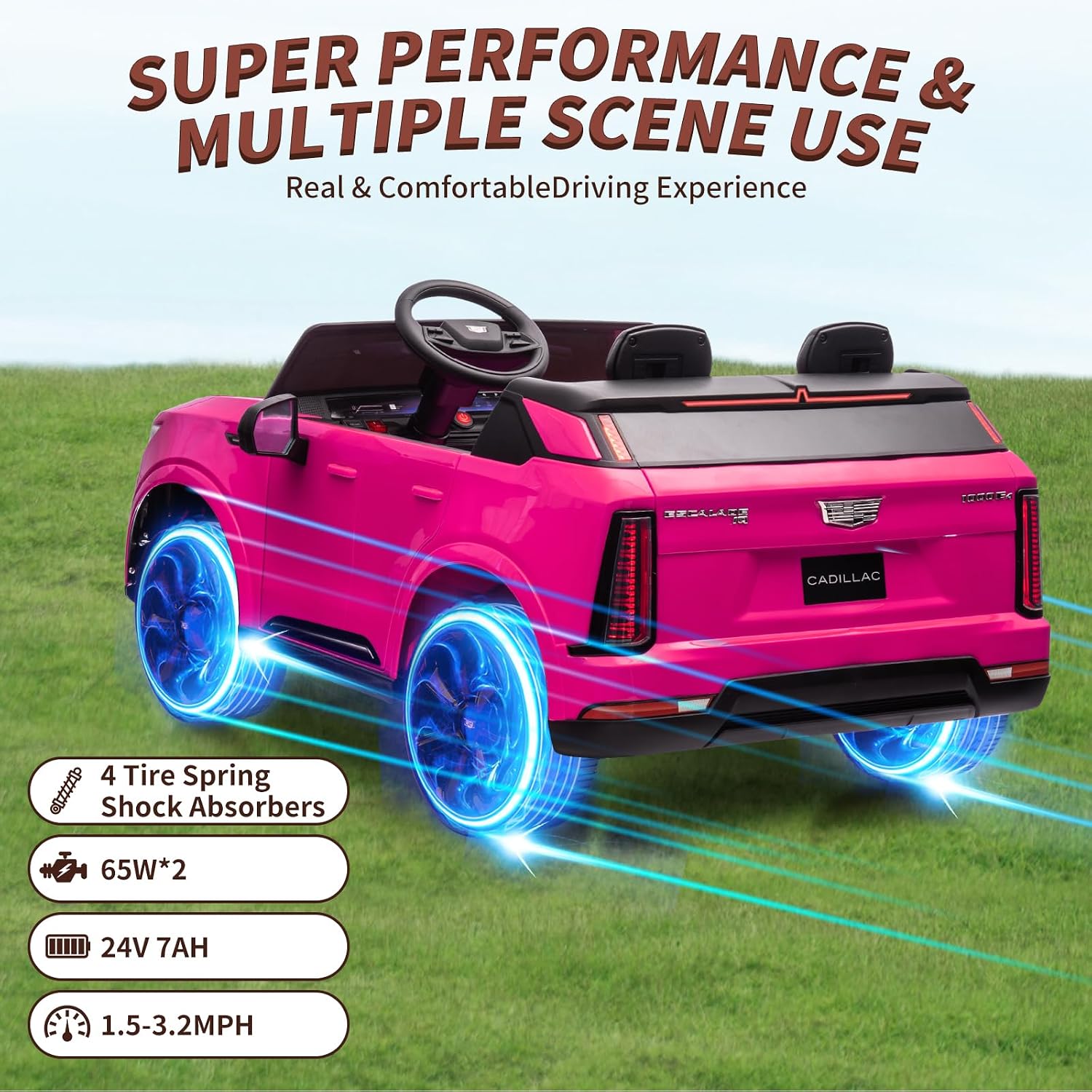 24V Ride On Car, Licensed Cadillac Battery Powered Electric Vehicle w/Remote Control, 2 Seater, 4-Wheel Shock Absorbers, Smooth Start, Music, LED Lights for Boys Girls