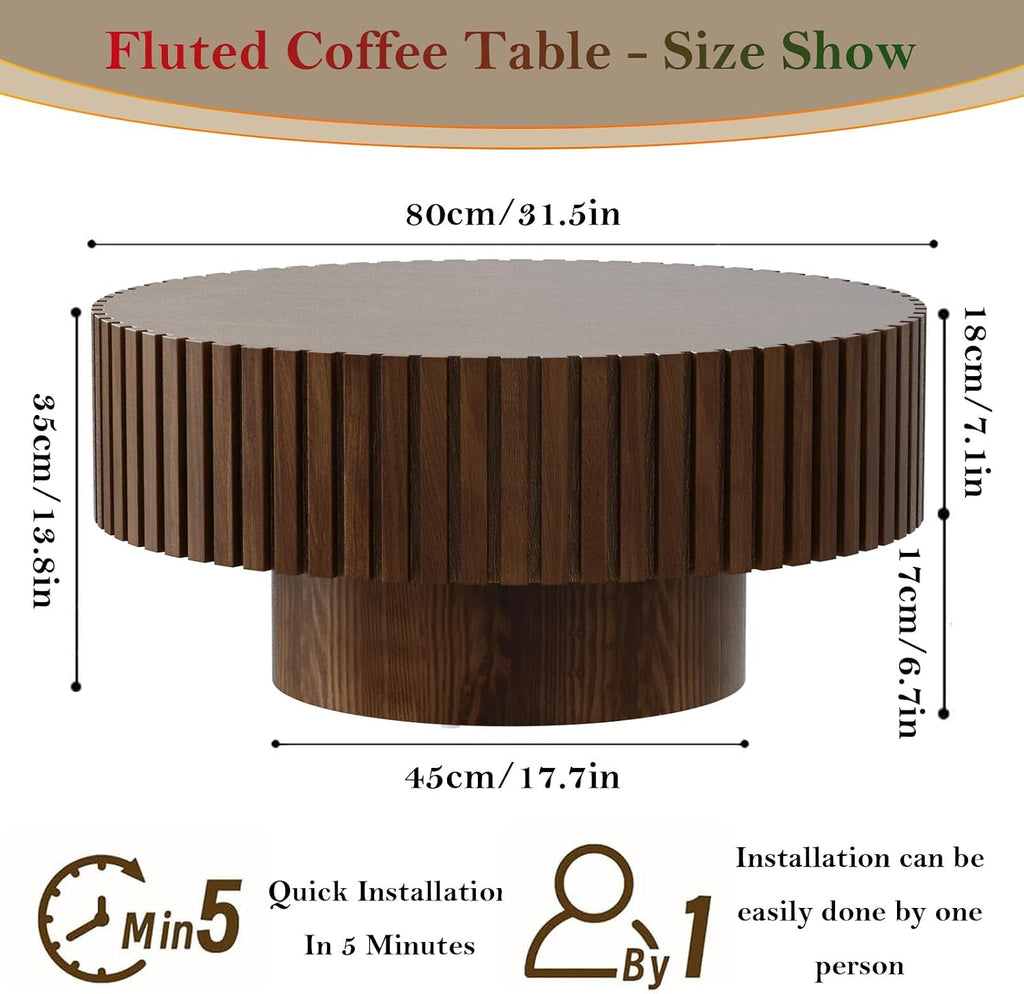 Round Fluted Coffee Table Mid Century Circle Center Tables for Living Room Chic Drum End Table for Small Space Easy Assembly (Round Walnut 31.5in)