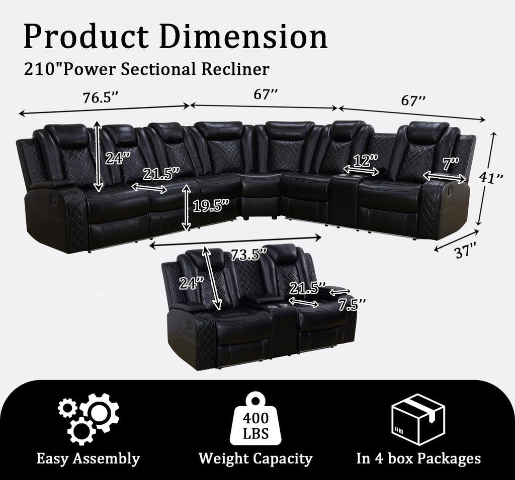 Power Leather Recliner Sectional Sofa Set with LED Lights,L Shaped Reclining Sectional Couch and Loveseat,Leather Sofa Set with Coffee Table/Storage for Living Room(Black,8 Seater)