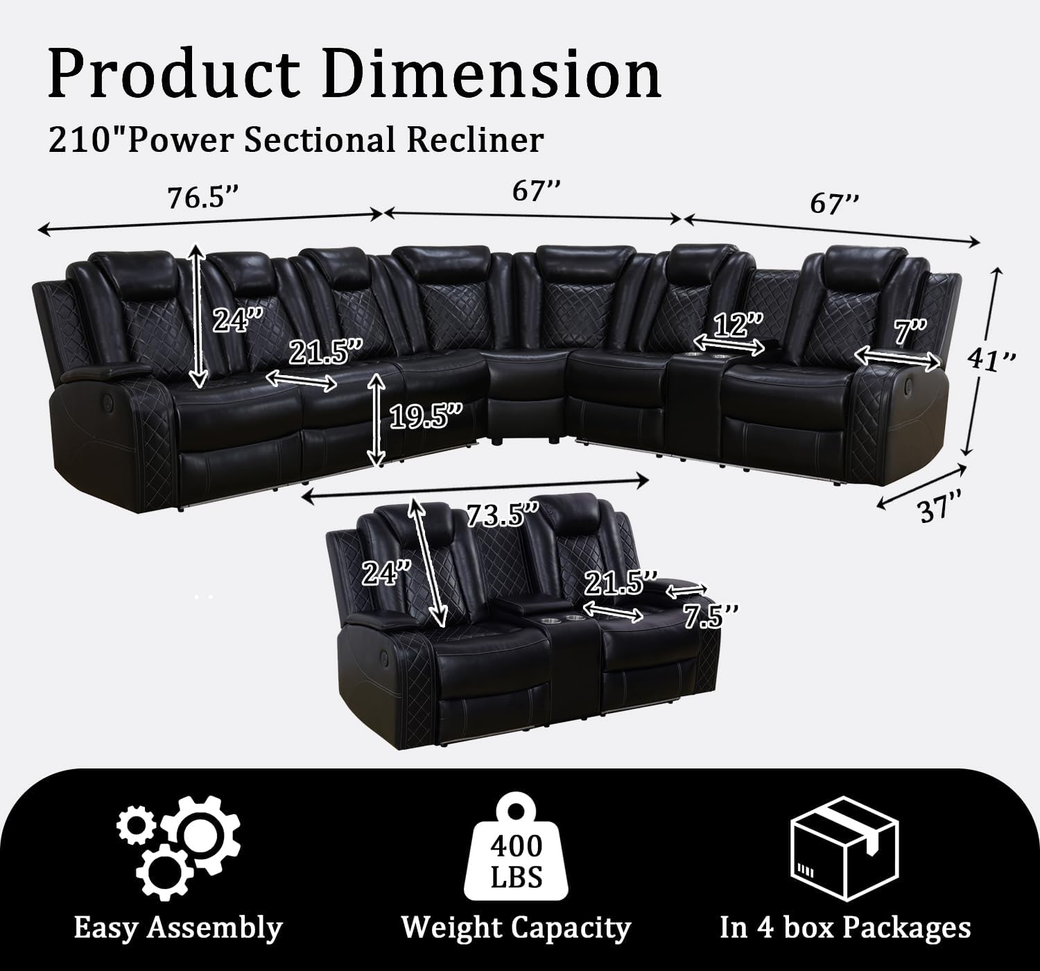 Power Leather Recliner Sectional Sofa Set with LED Lights,L Shaped Reclining Sectional Couch and Loveseat,Leather Sofa Set with Coffee Table/Storage for Living Room(Black,8 Seater)