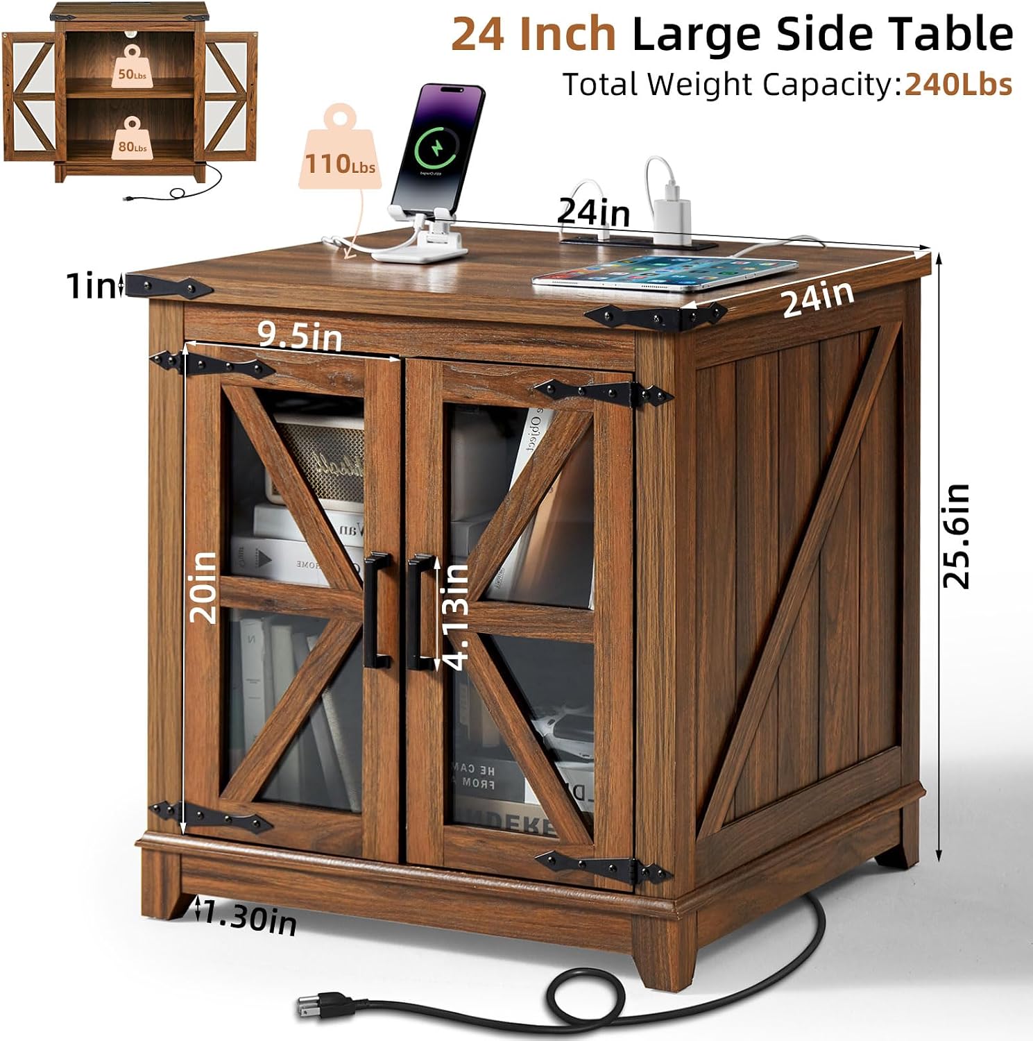 Joaxswe Farmhouse End Table,24' Large Sofa Side Table with Charging Station Glass Barn Door,Wood Nightstand with Adjustable Storage Shelf,Square Bedside Table for Living Room,Bedroom,Office-Brown