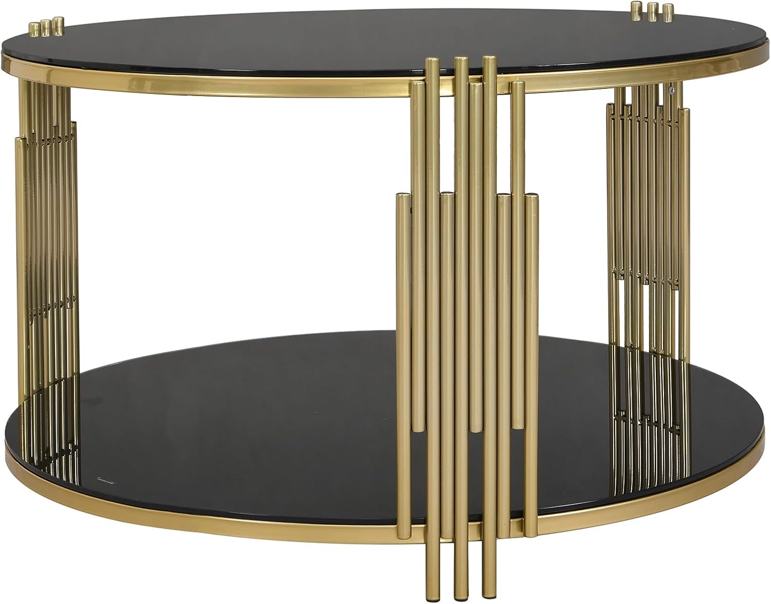 31.5'' Tempered Glass Round Coffee Table for Living Room, 2-Tier Modern Circle Coffee Table, Black Mirror Tabletop & Metal Drum Base, Easy Assembly, Black & Gold