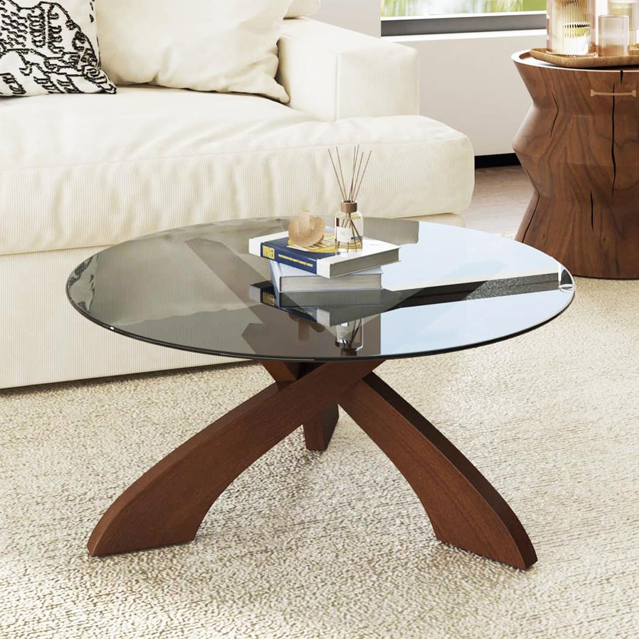 Honyee Glass Coffee Table, 30.7' Round Coffee Table with Tempered Glass Top, Walnut Wood X-Shaped Base, Stable Modern Center Table for Living Room, Apartment and Small Spaces