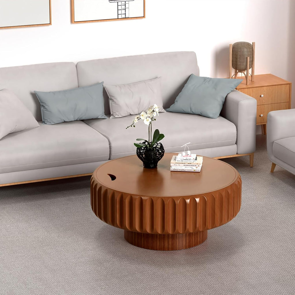 Round Drum Coffee Table White Fluted Coffee Table Circle Center Table Pedestal End Table for Apartment (31.5in)