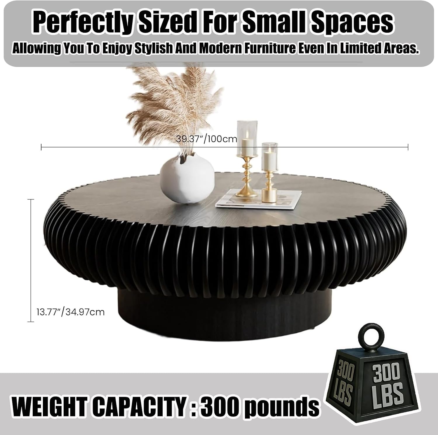 39.37' Round Drum Coffee Table, Modern Fluted Coffee Tables with Solid Wood Veneer, Wooden Circle Center Table for Living Room, Small Spaces, and Apartments, Easy Assembly